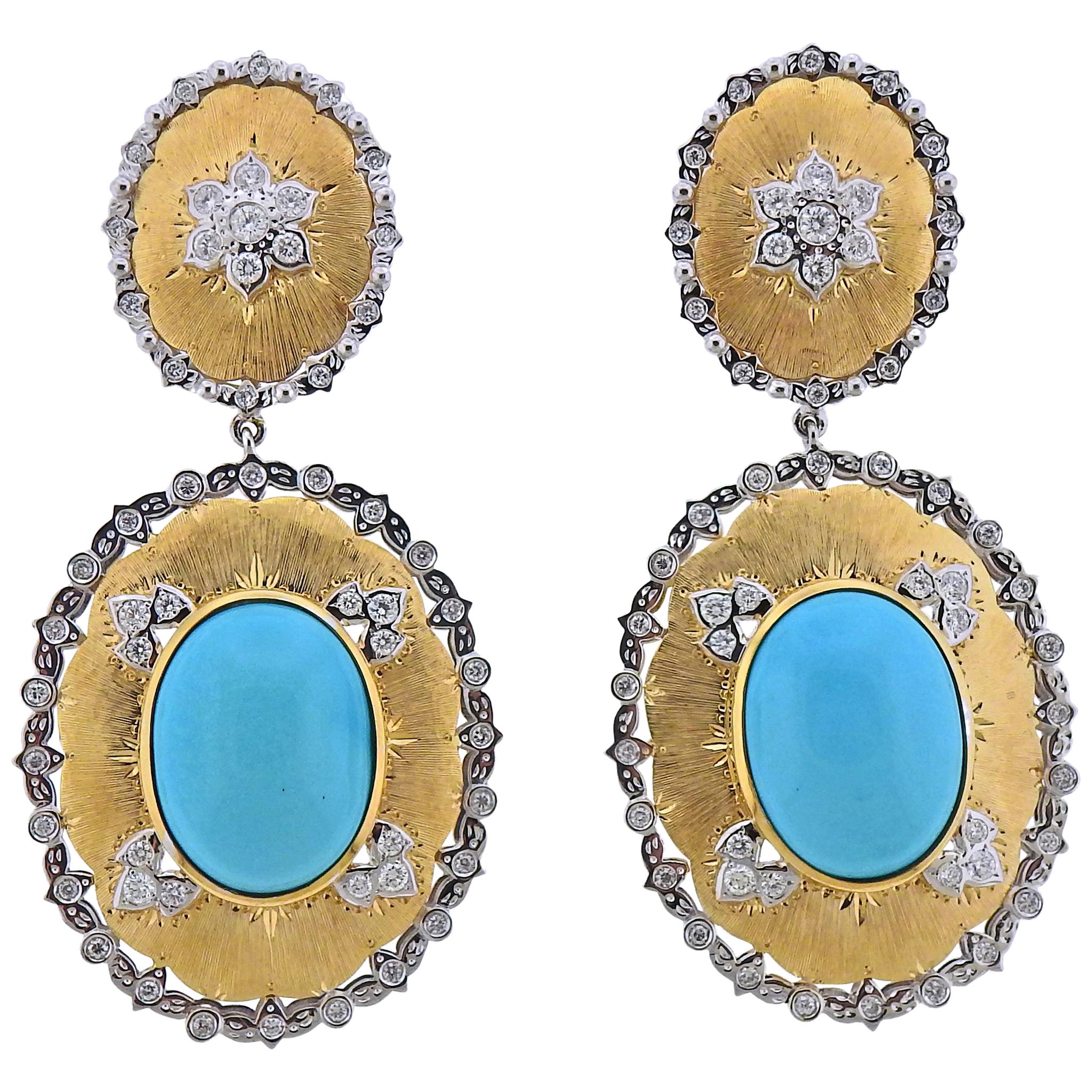 Persian Turquoise Diamond Gold Drop Earrings For Sale