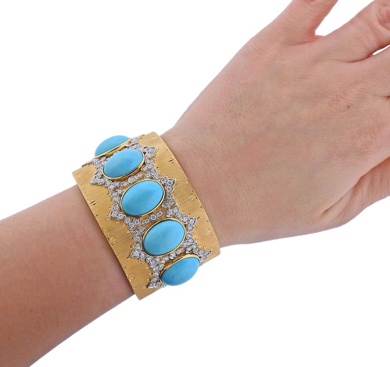 Persian Turquoise Diamond Gold Wide Cuff Bracelet For Sale at 1stDibs
