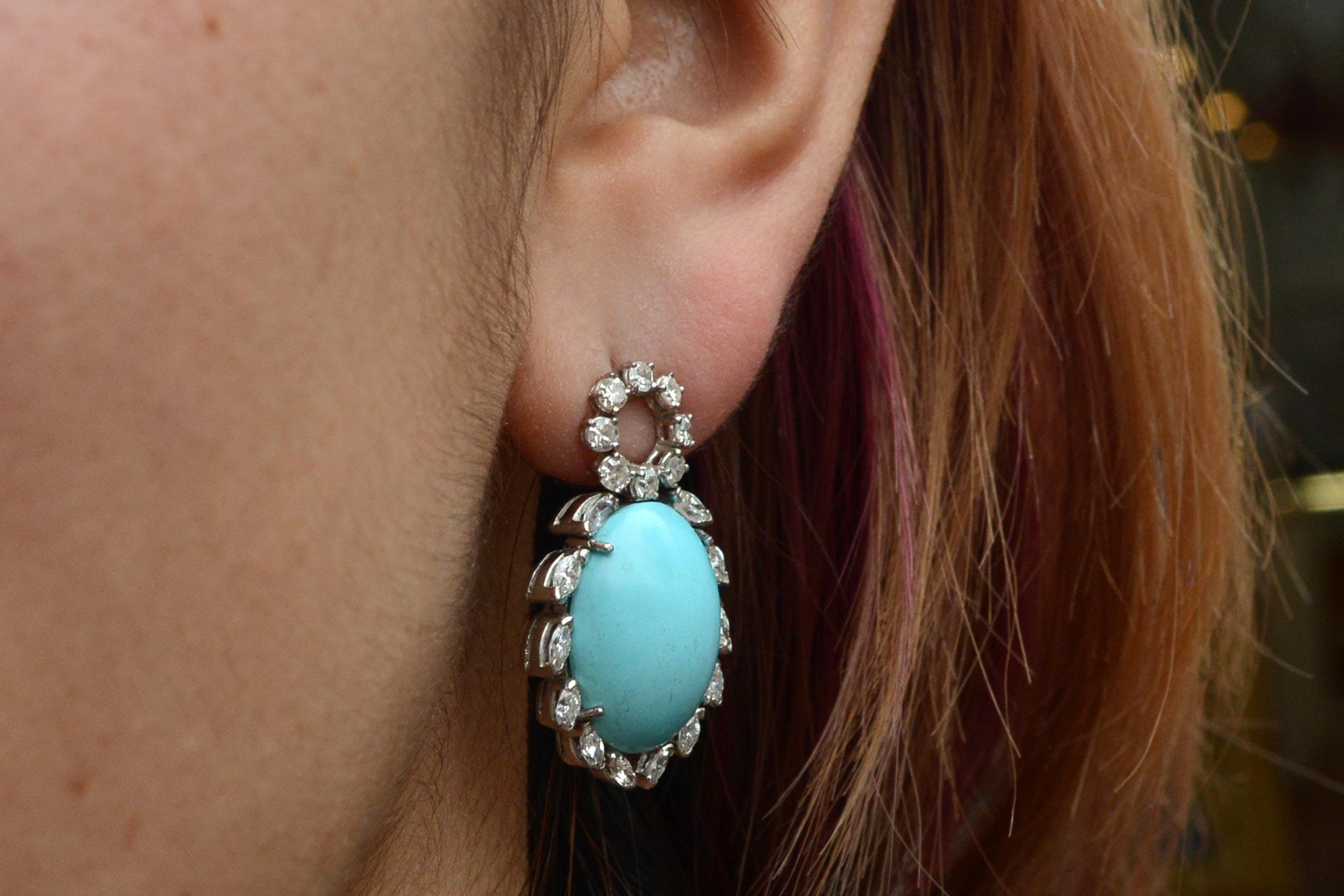 Oval Cut Persian Turquoise Diamond Halo 1970s 18K White Gold Dangle Earrings Vintage 1970