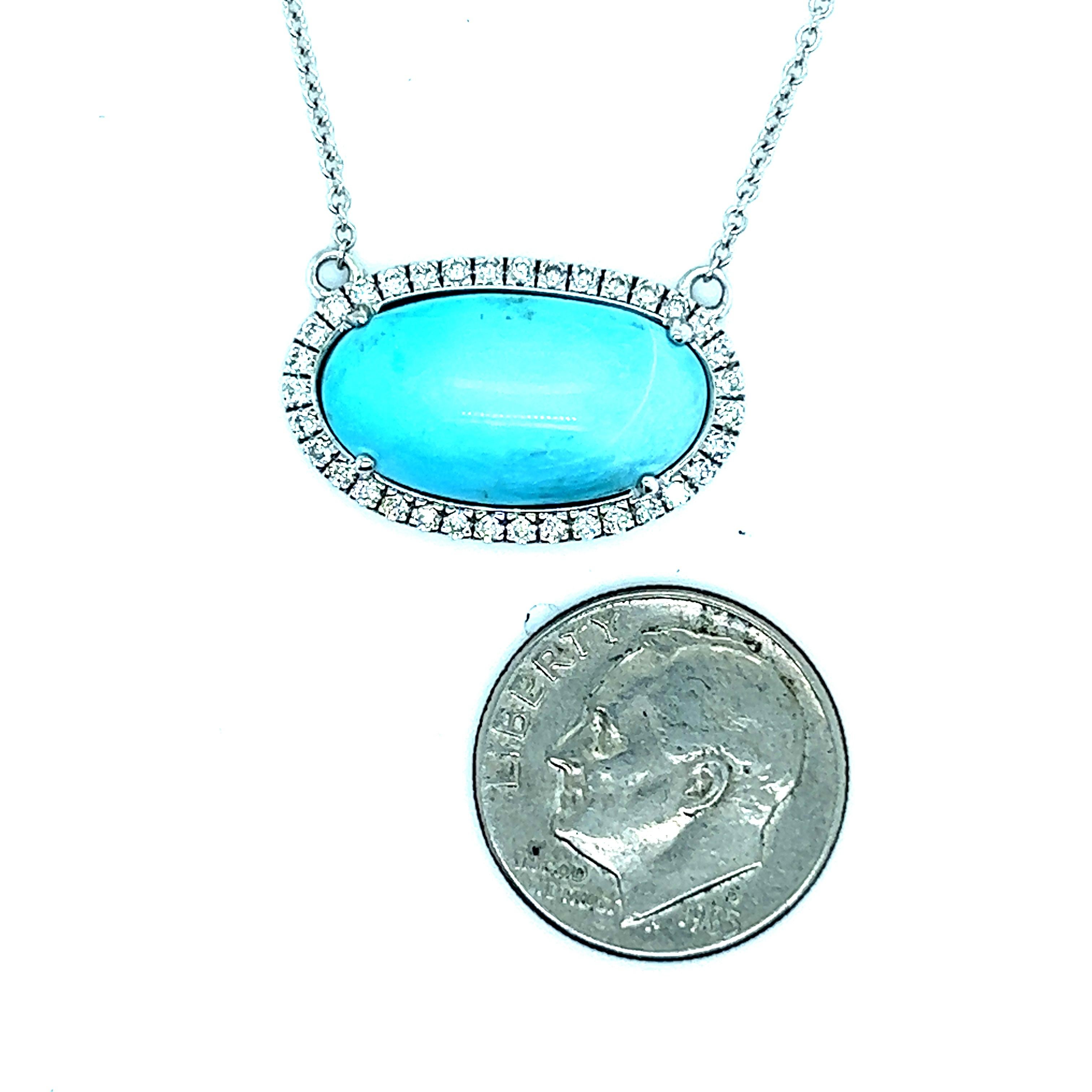 Cabochon Persian Turquoise Diamond Halo Pendant with Chain 14k WG 8.1 TCW Certified For Sale
