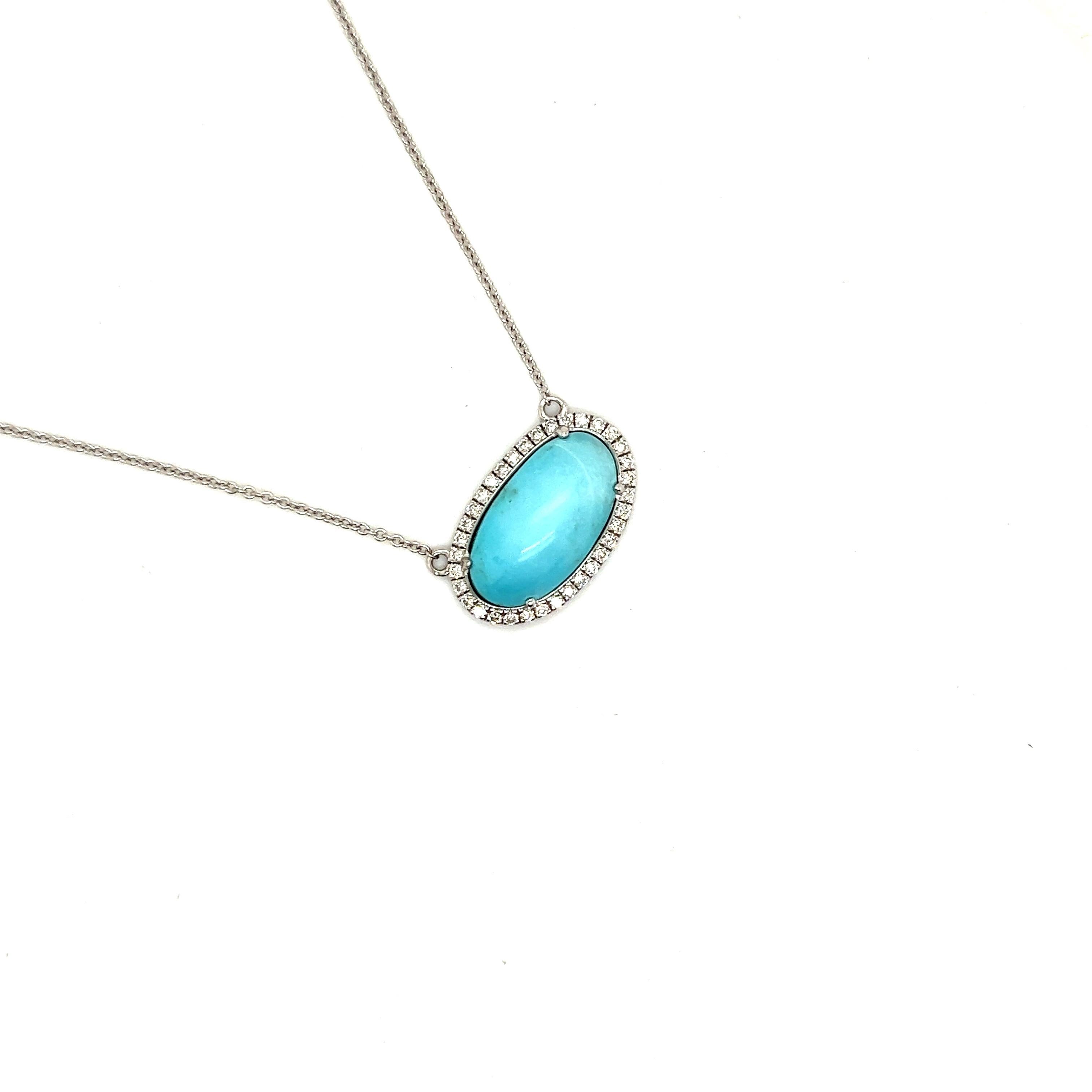 Persian Turquoise Diamond Halo Pendant with Chain 14k WG 8.1 TCW Certified In Good Condition For Sale In Brooklyn, NY