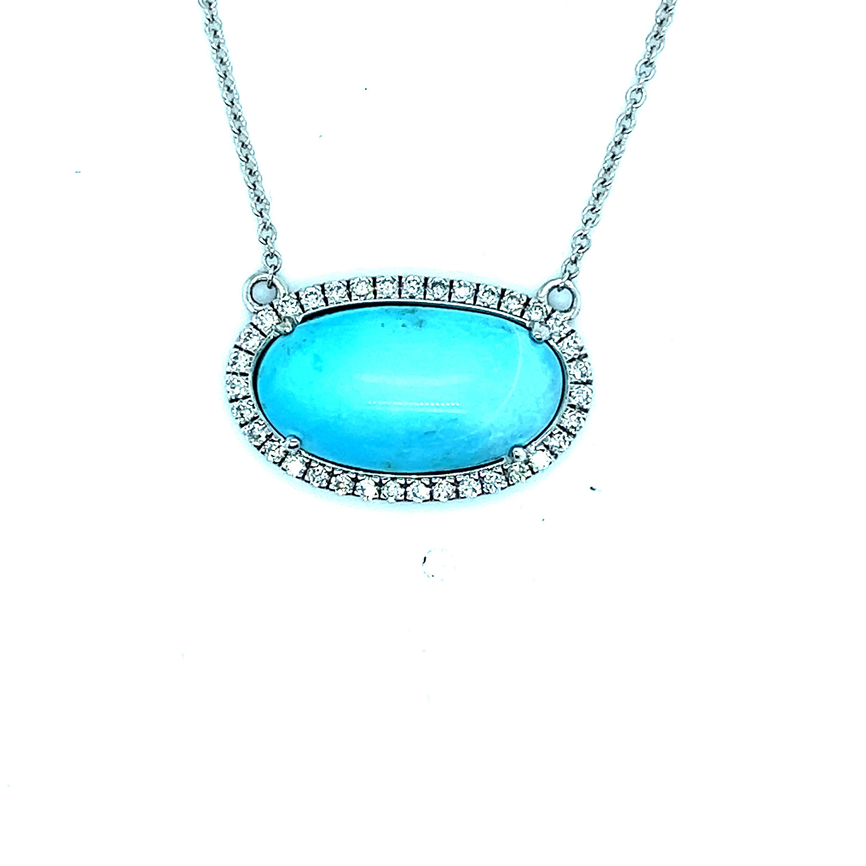 Persian Turquoise Diamond Halo Pendant with Chain 14k WG 8.1 TCW Certified For Sale 1