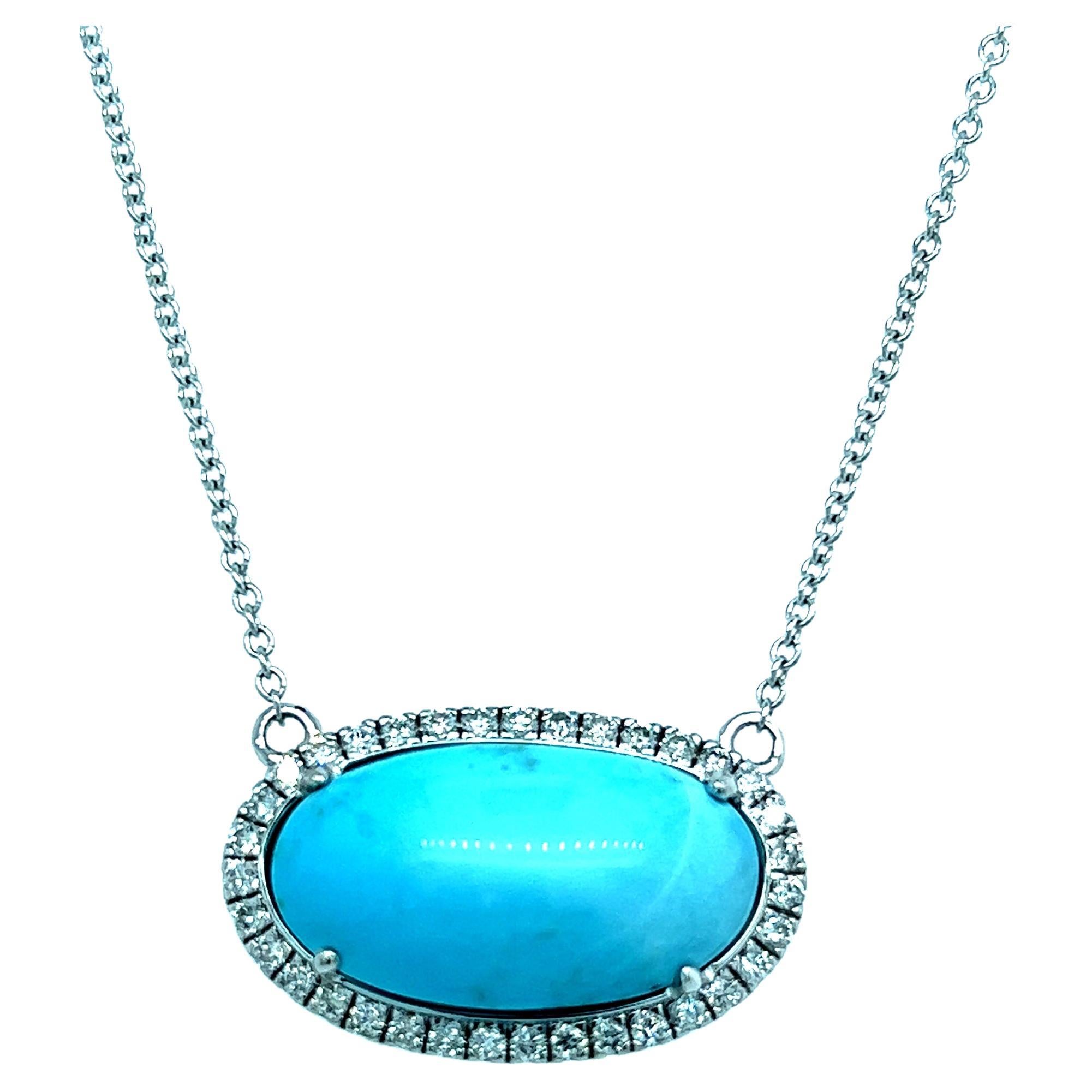 Persian Turquoise Diamond Halo Pendant with Chain 14k WG 8.1 TCW Certified For Sale