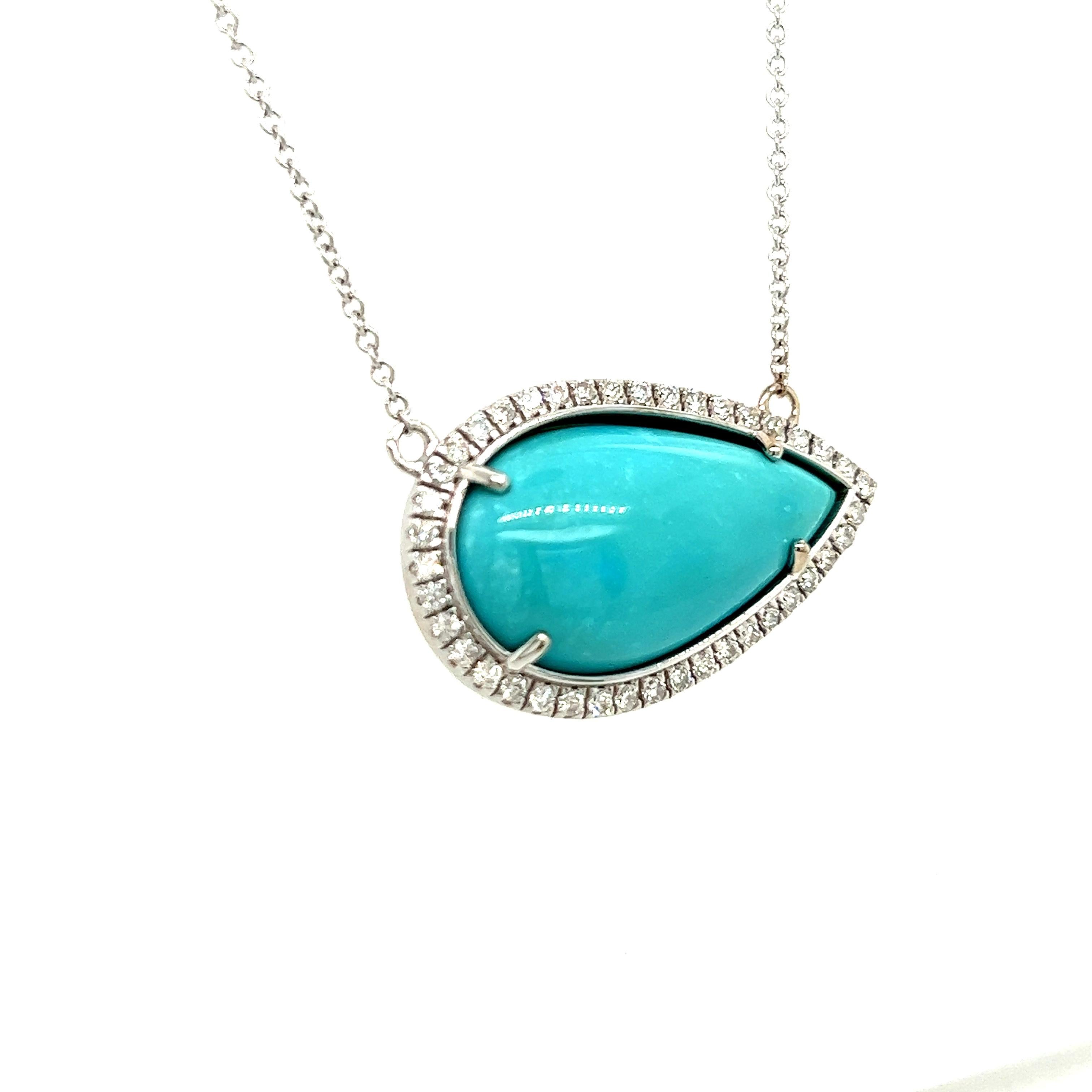 Persian Turquoise Diamond Halo Pendant With Chain 14k WG  Certified In New Condition For Sale In Brooklyn, NY