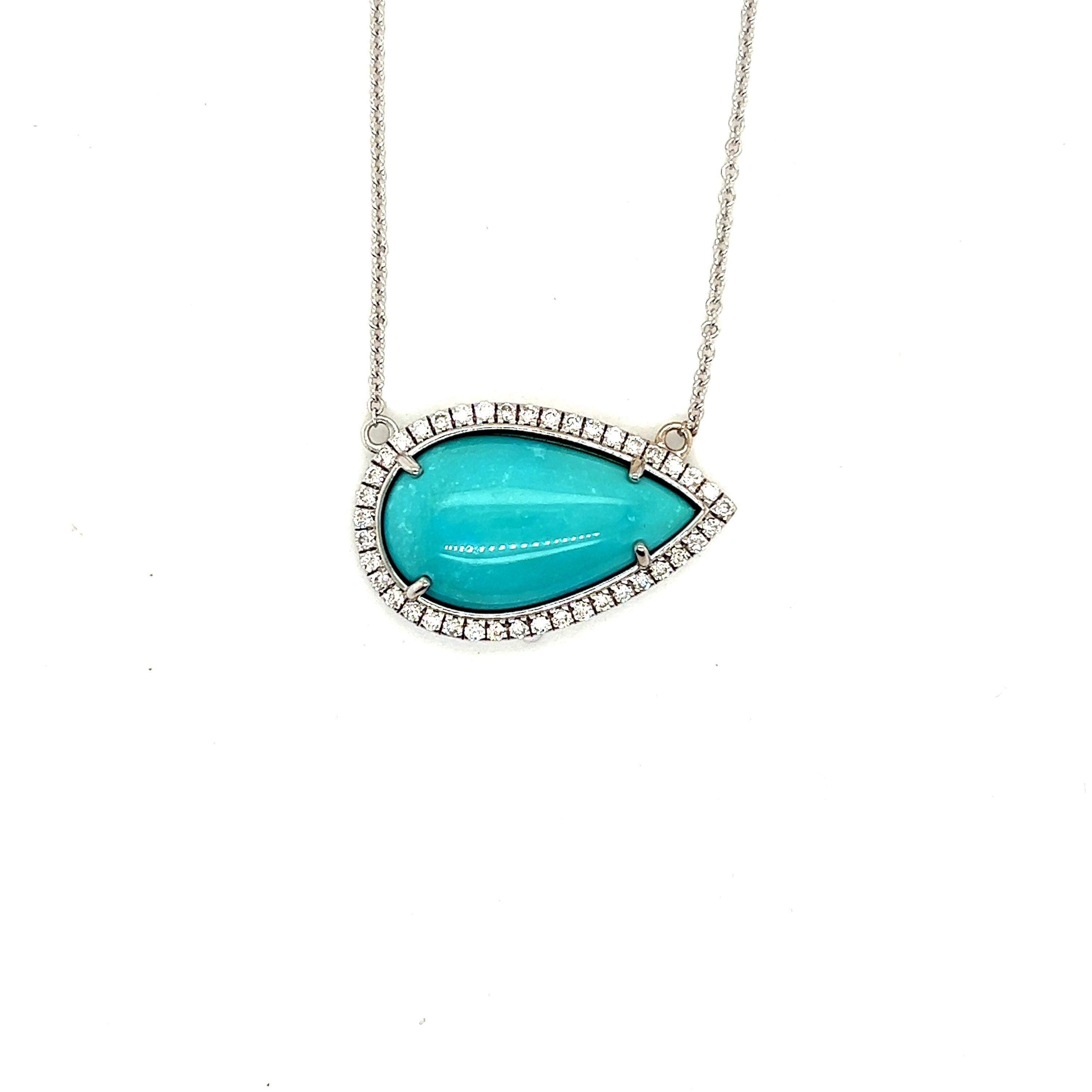 Women's Persian Turquoise Diamond Halo Pendant With Chain 14k WG  Certified For Sale