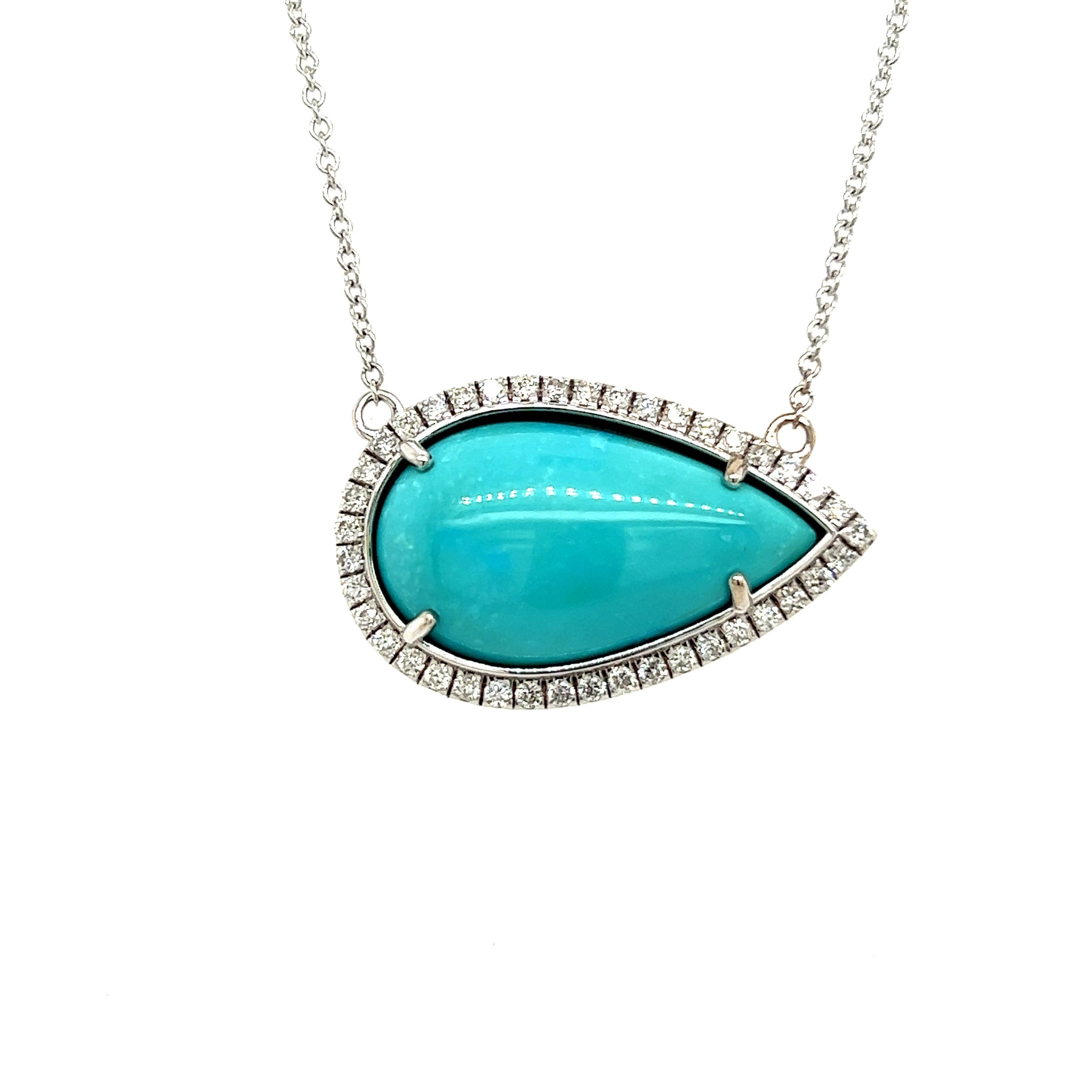 Persian Turquoise Diamond Halo Pendant With Chain 14k WG  Certified For Sale 1