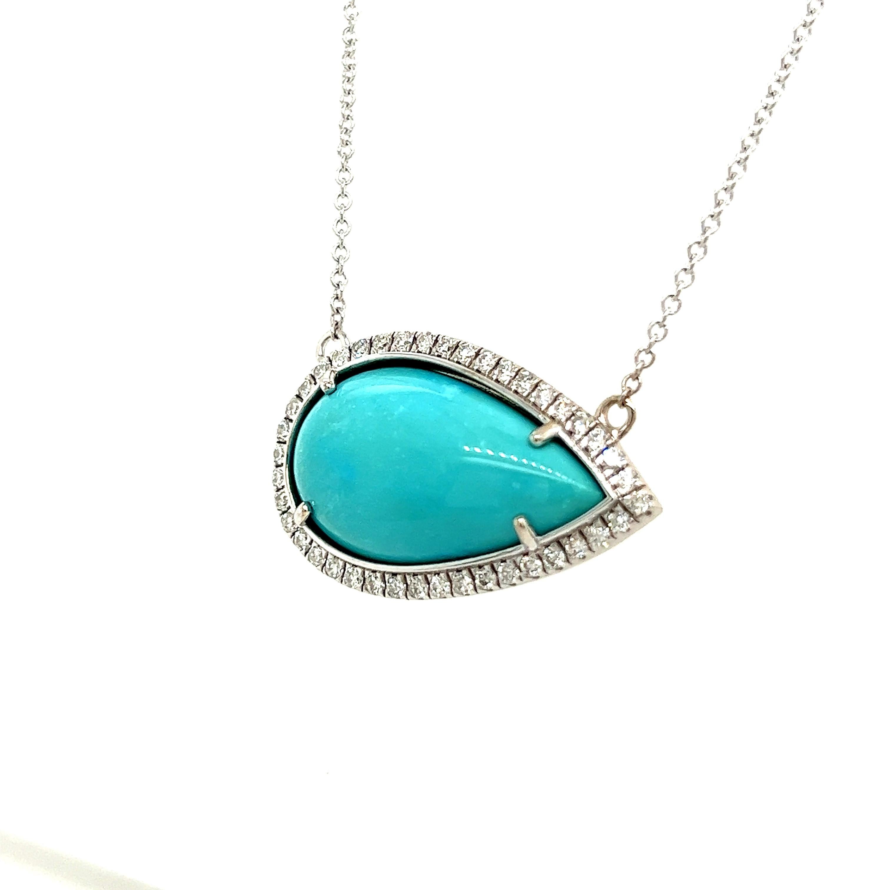 Persian Turquoise Diamond Halo Pendant With Chain 14k WG  Certified For Sale 2