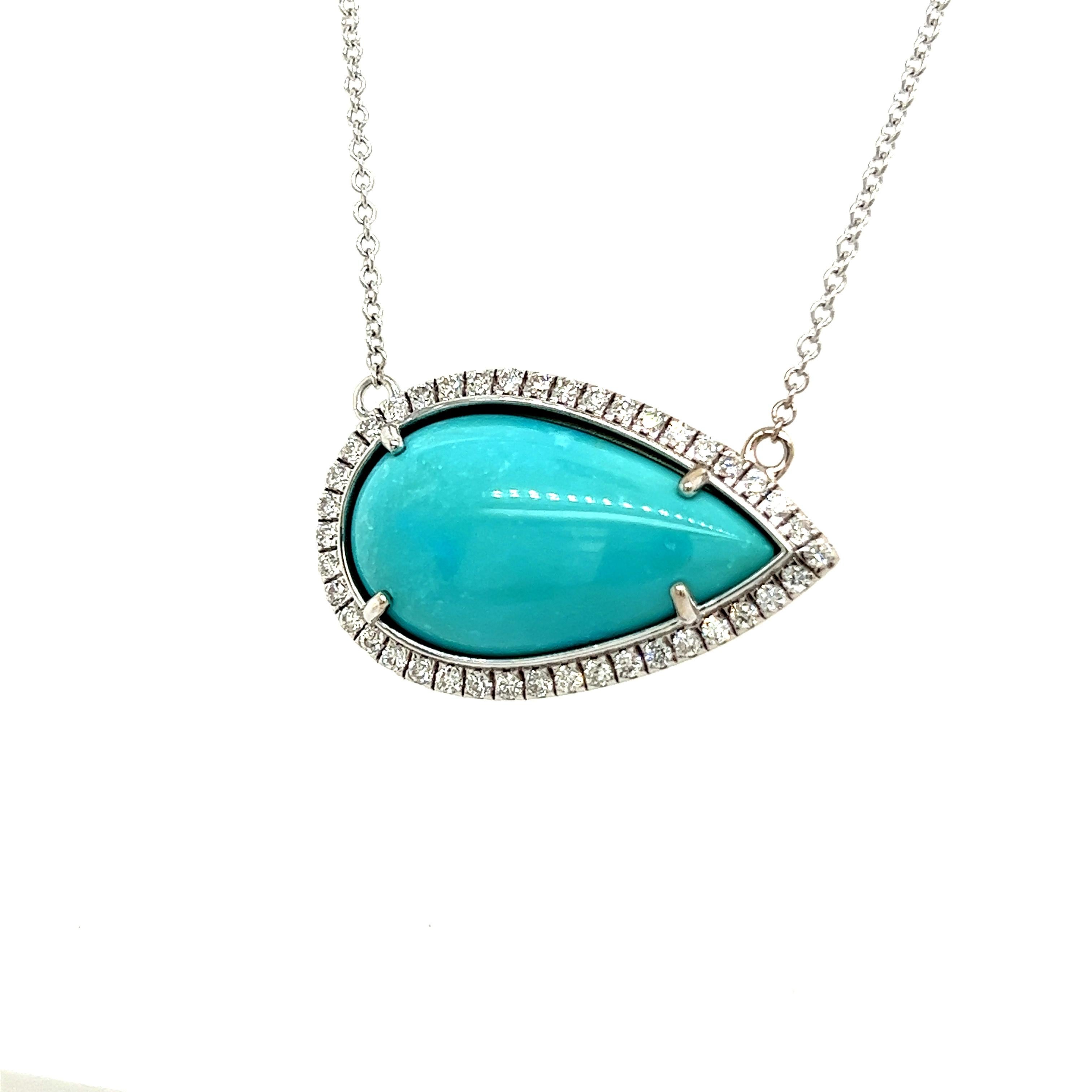 Persian Turquoise Diamond Halo Pendant With Chain 14k WG  Certified For Sale 3