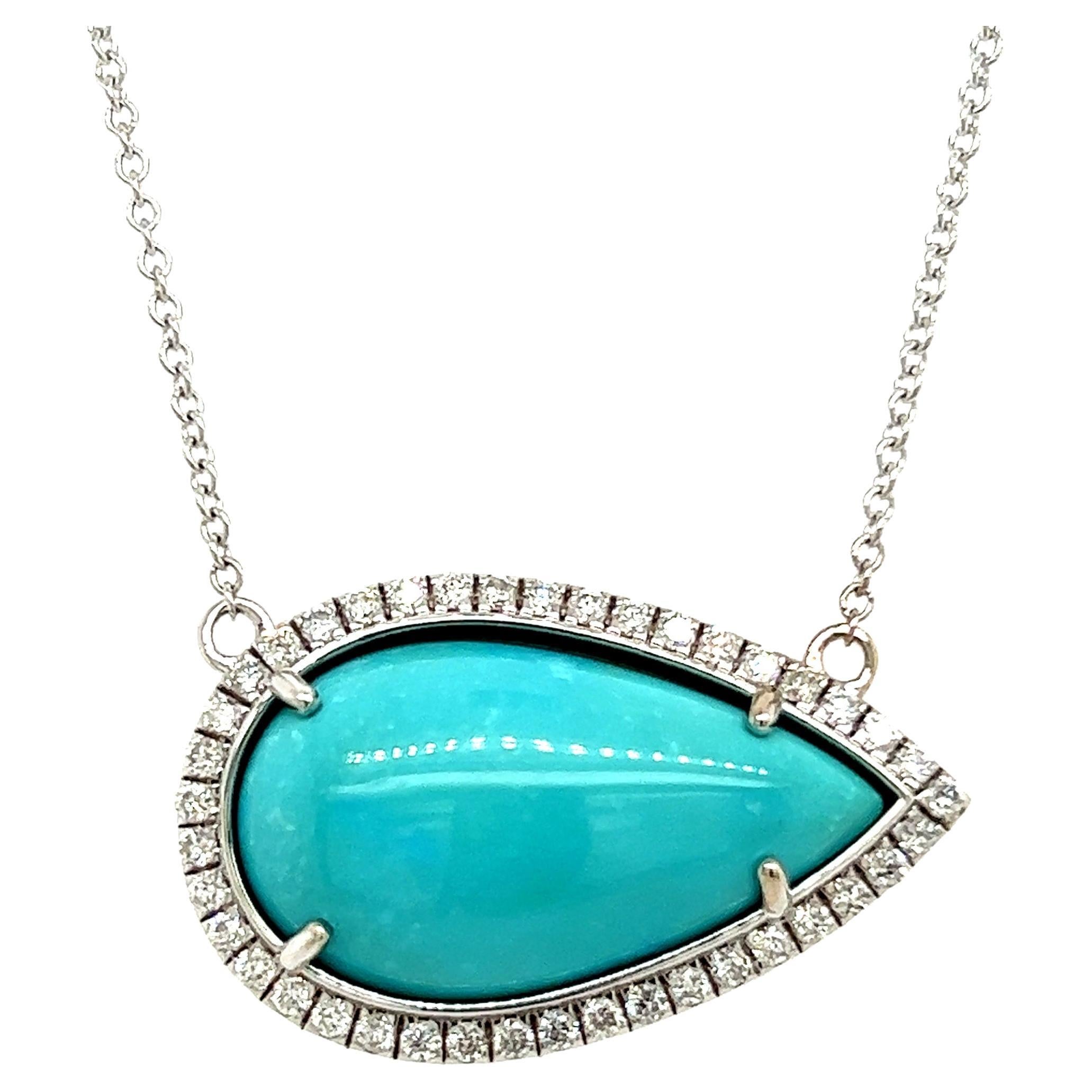 Persian Turquoise Diamond Halo Pendant With Chain 14k WG  Certified For Sale