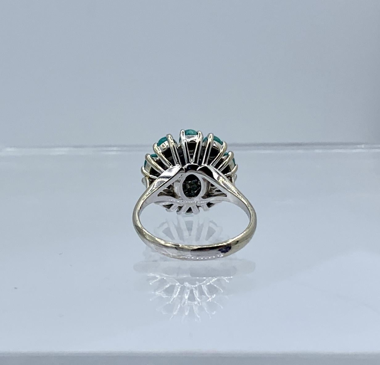 Persian Turquoise Diamond Halo Ring 18 Karat White Gold Retro Antique For Sale 5