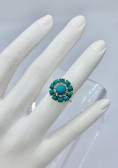Persian Turquoise Diamond Halo Ring 18 Karat White Gold Retro Antique