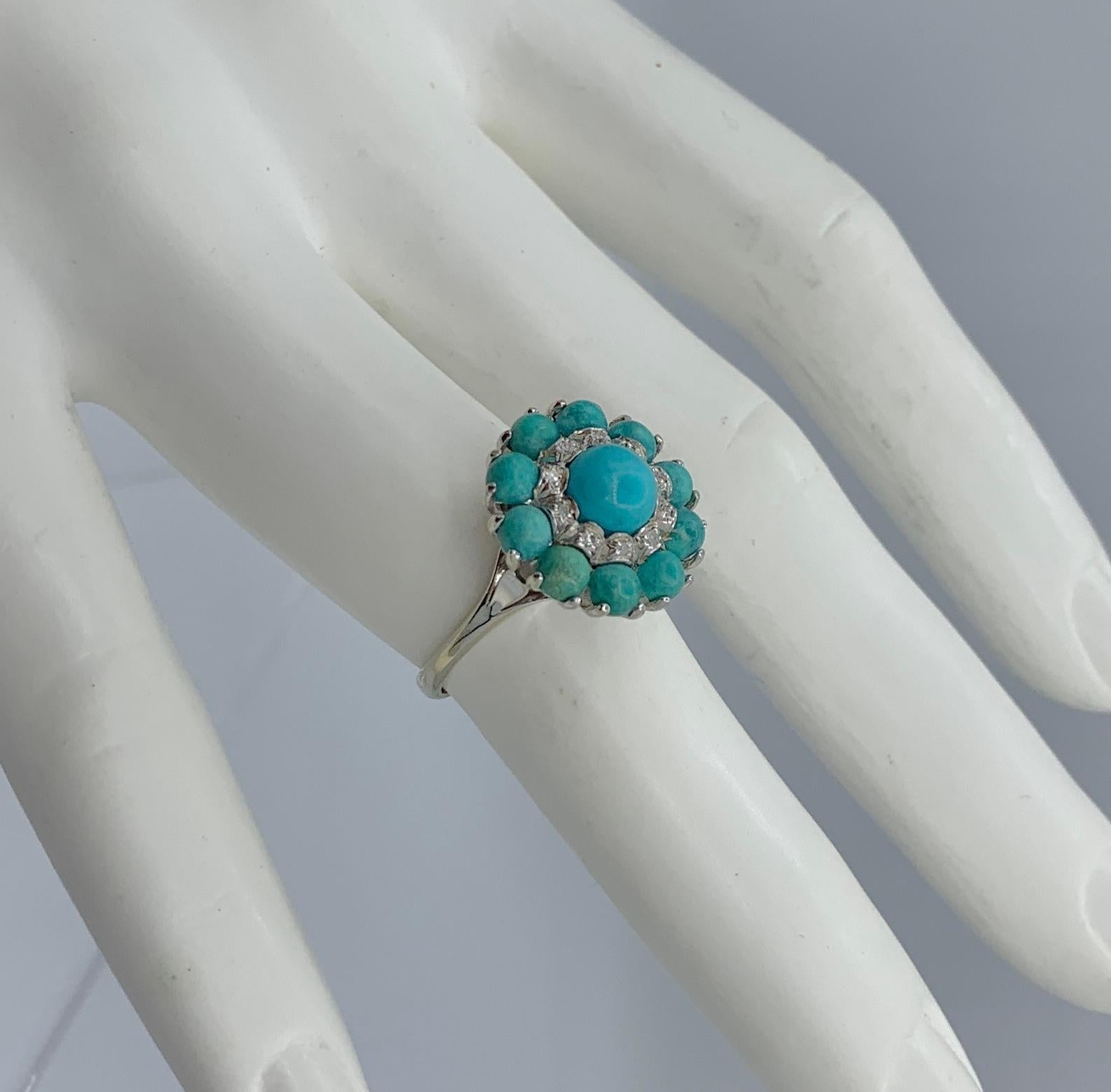 Cabochon Persian Turquoise Diamond Halo Ring 18 Karat White Gold Retro Antique For Sale