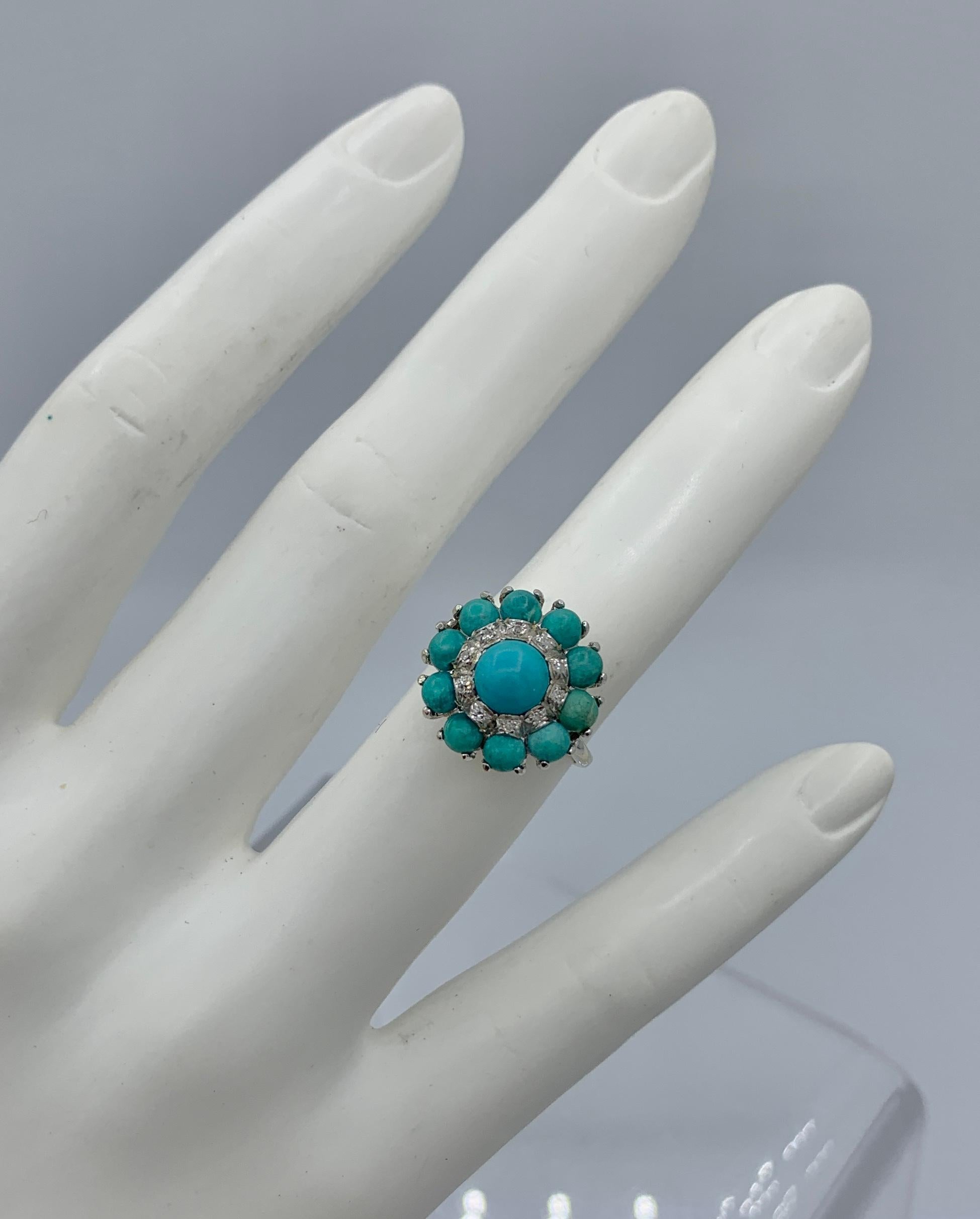 Persian Turquoise Diamond Halo Ring 18 Karat White Gold Retro Antique For Sale 1