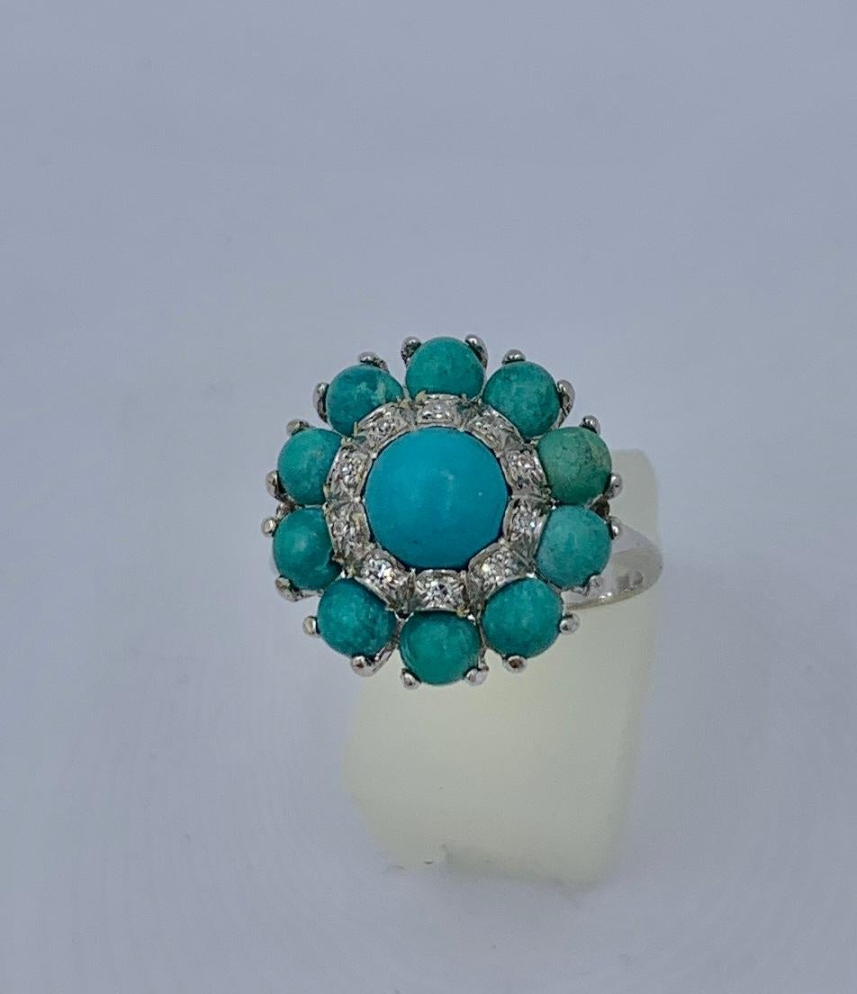 Persian Turquoise Diamond Halo Ring 18 Karat White Gold Retro Antique For Sale 2