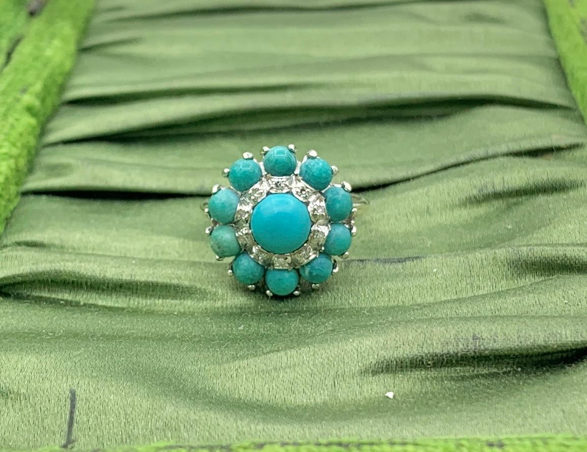 Persian Turquoise Diamond Halo Ring 18 Karat White Gold Retro Antique For Sale 3