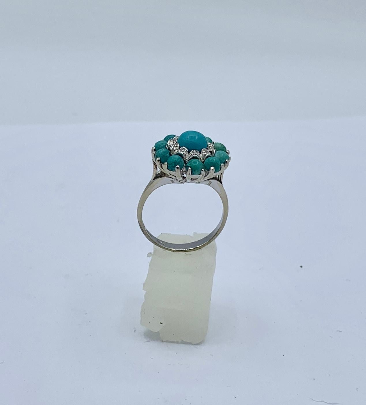 Persian Turquoise Diamond Halo Ring 18 Karat White Gold Retro Antique For Sale 4