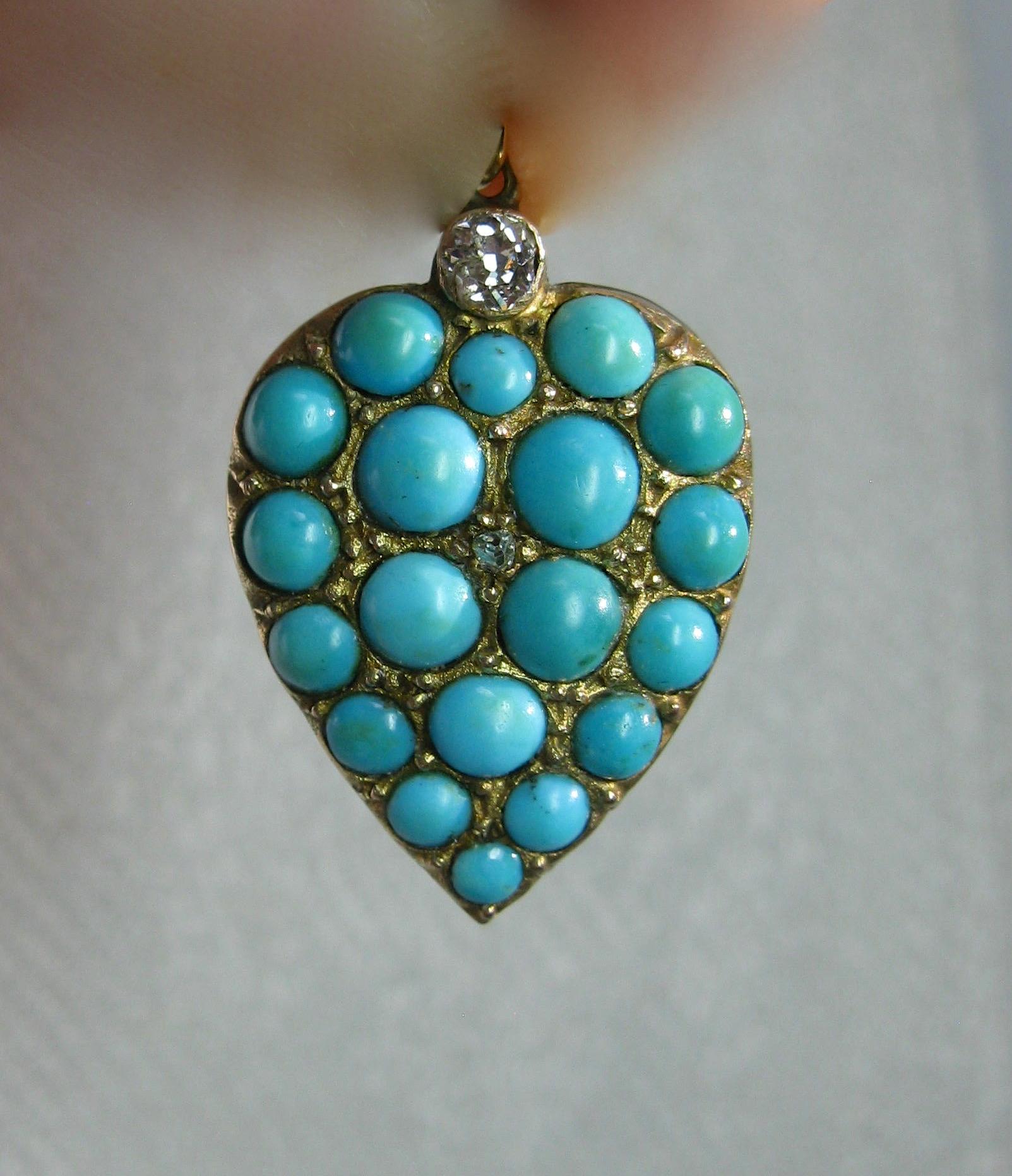 Old Mine Cut Persian Turquoise Diamond Heart Necklace Antique Gold Victorian For Sale