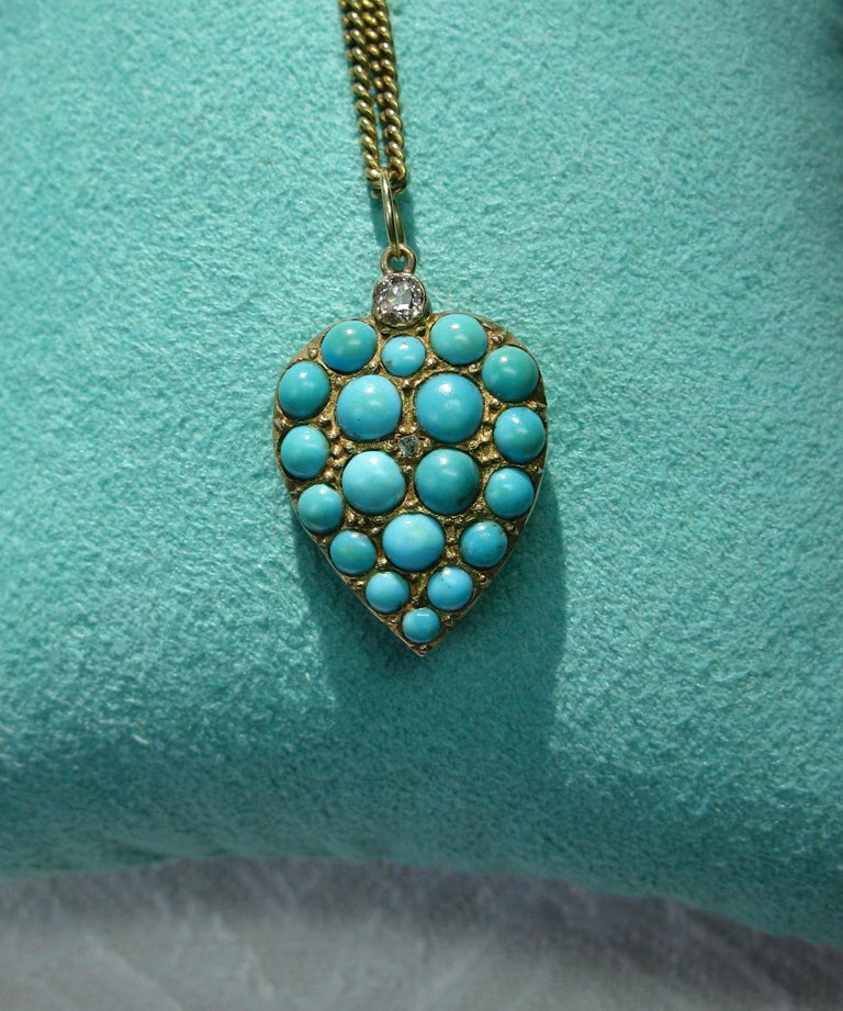 Persian Turquoise Diamond Heart Necklace Antique Gold Victorian For