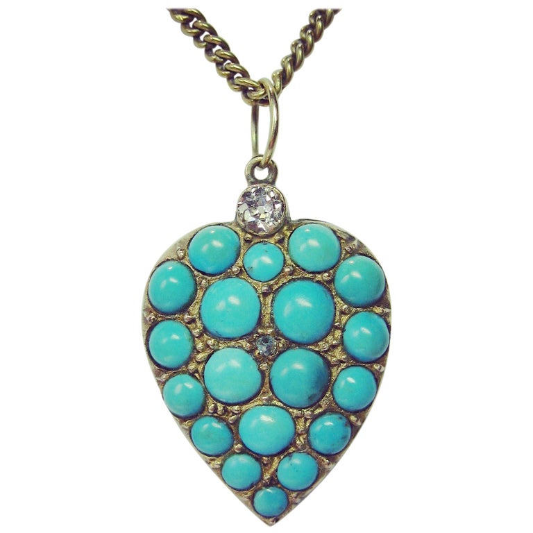 Persian Turquoise Diamond Heart Necklace Antique Gold Victorian For ...