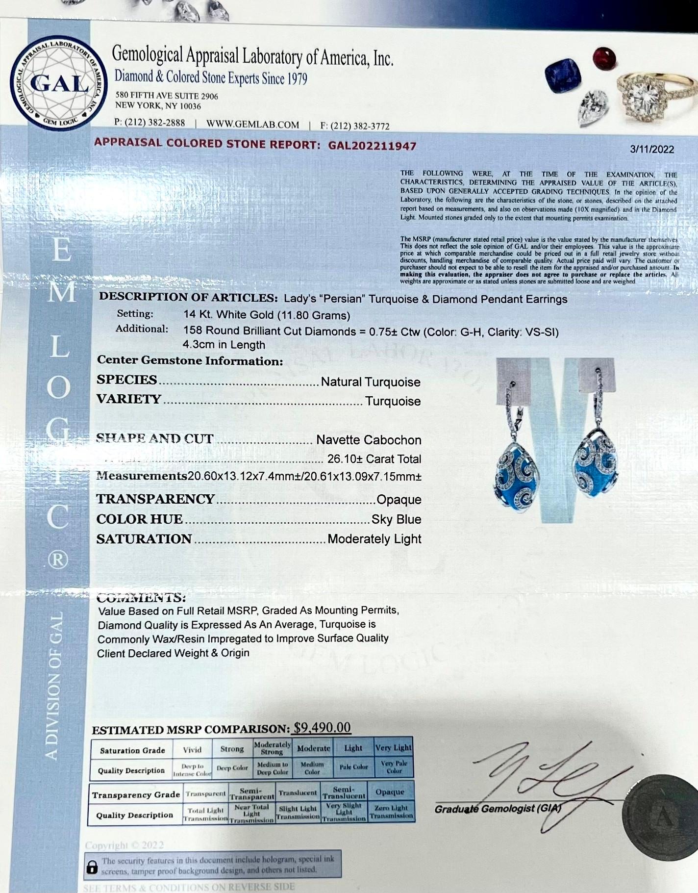 Persian Turquoise Diamond Pendant Earrings 14k WG 26.85 TCW Certified For Sale 7