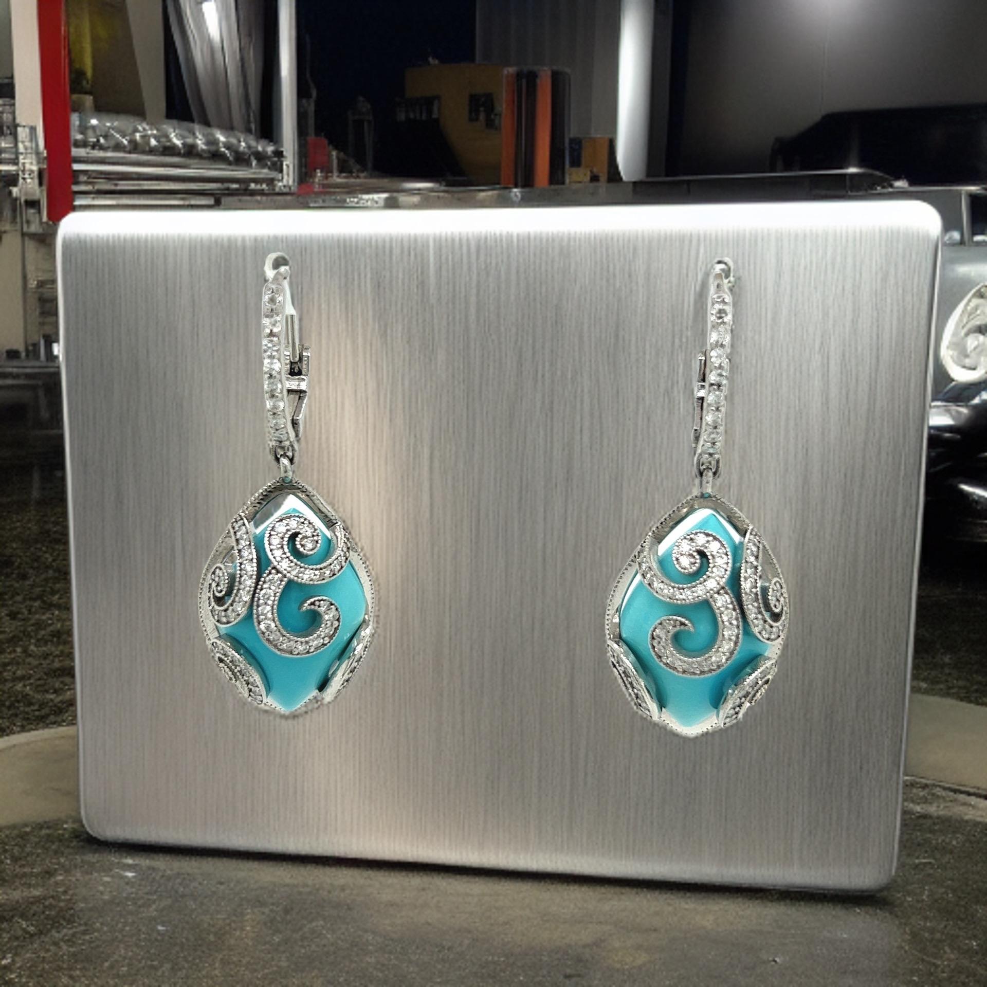 Persian Turquoise Diamond Pendant Earrings 14k WG 26.85 TCW Certified For Sale 9