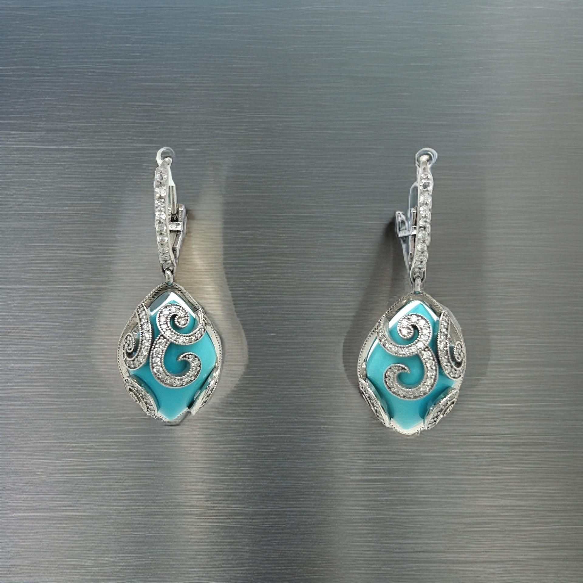 Women's Persian Turquoise Diamond Pendant Earrings 14k WG 26.85 TCW Certified For Sale