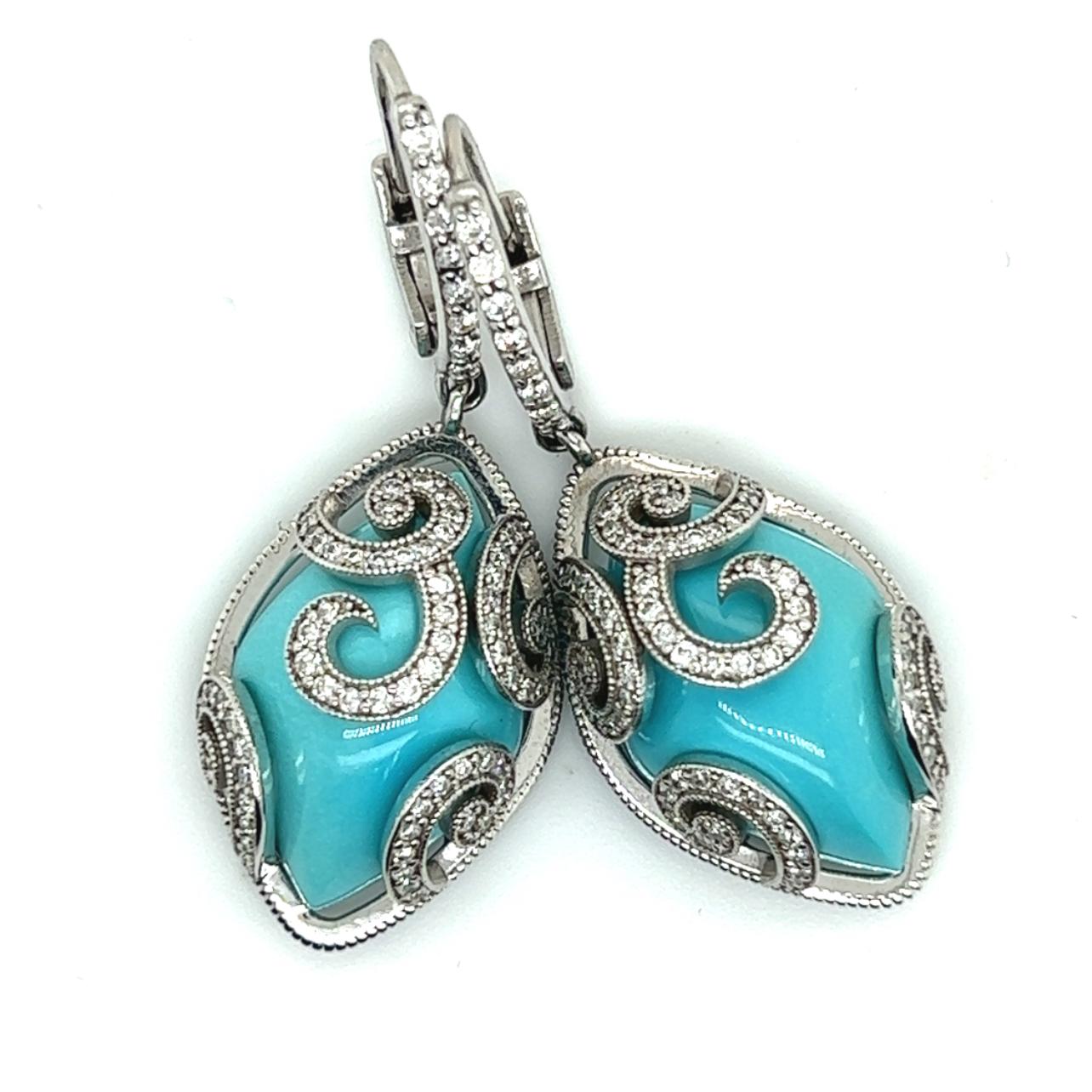Persian Turquoise Diamond Pendant Earrings 14k WG 26.85 TCW Certified For Sale 1