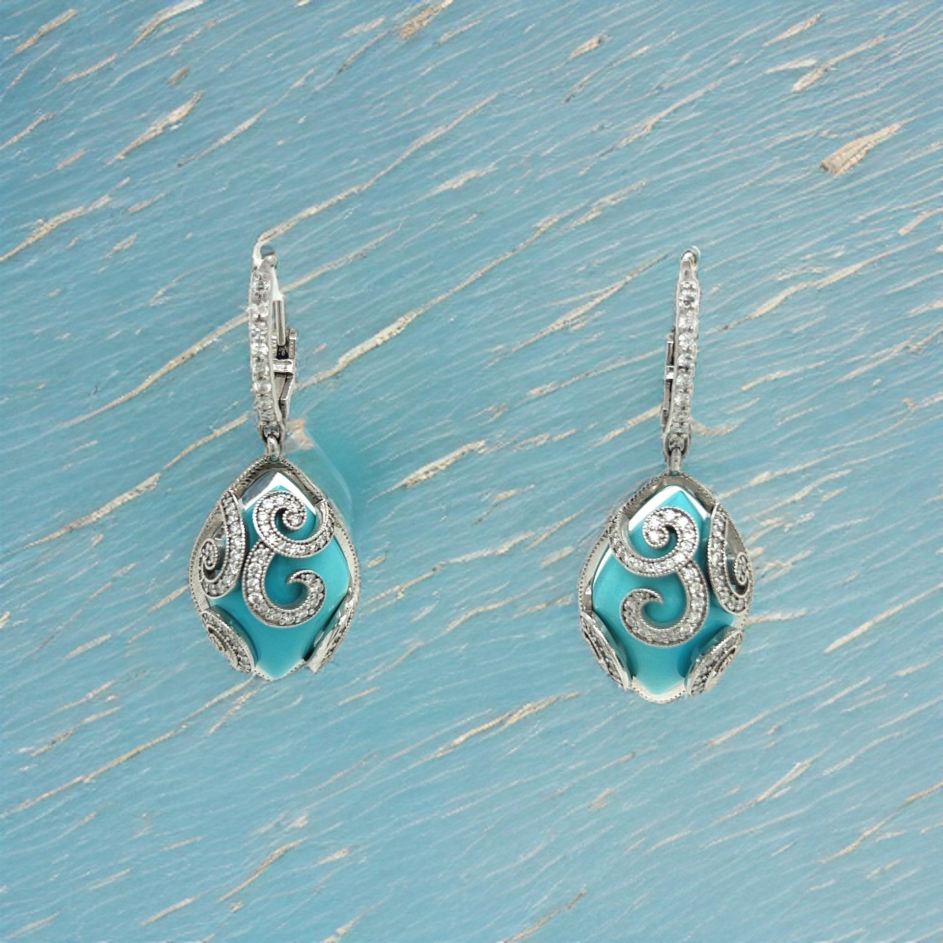Persian Turquoise Diamond Pendant Earrings 14k WG 26.85 TCW Certified For Sale 2