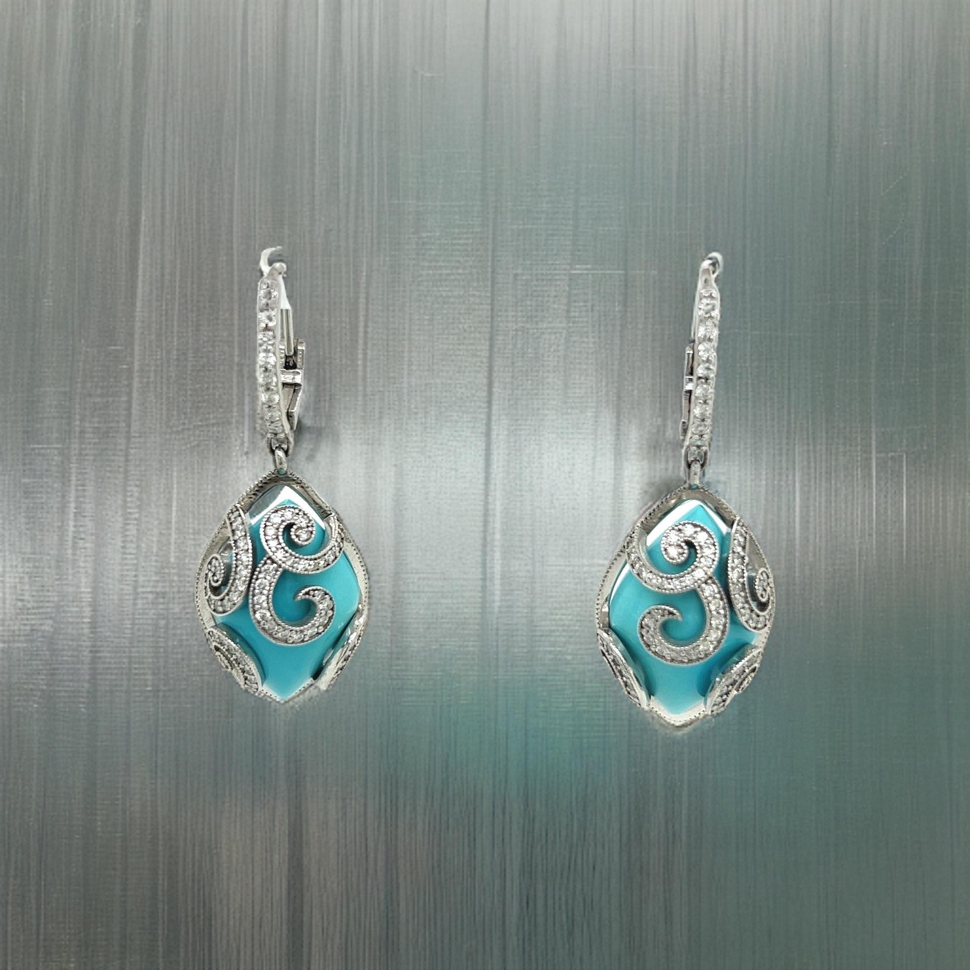 Persian Turquoise Diamond Pendant Earrings 14k WG 26.85 TCW Certified For Sale 3