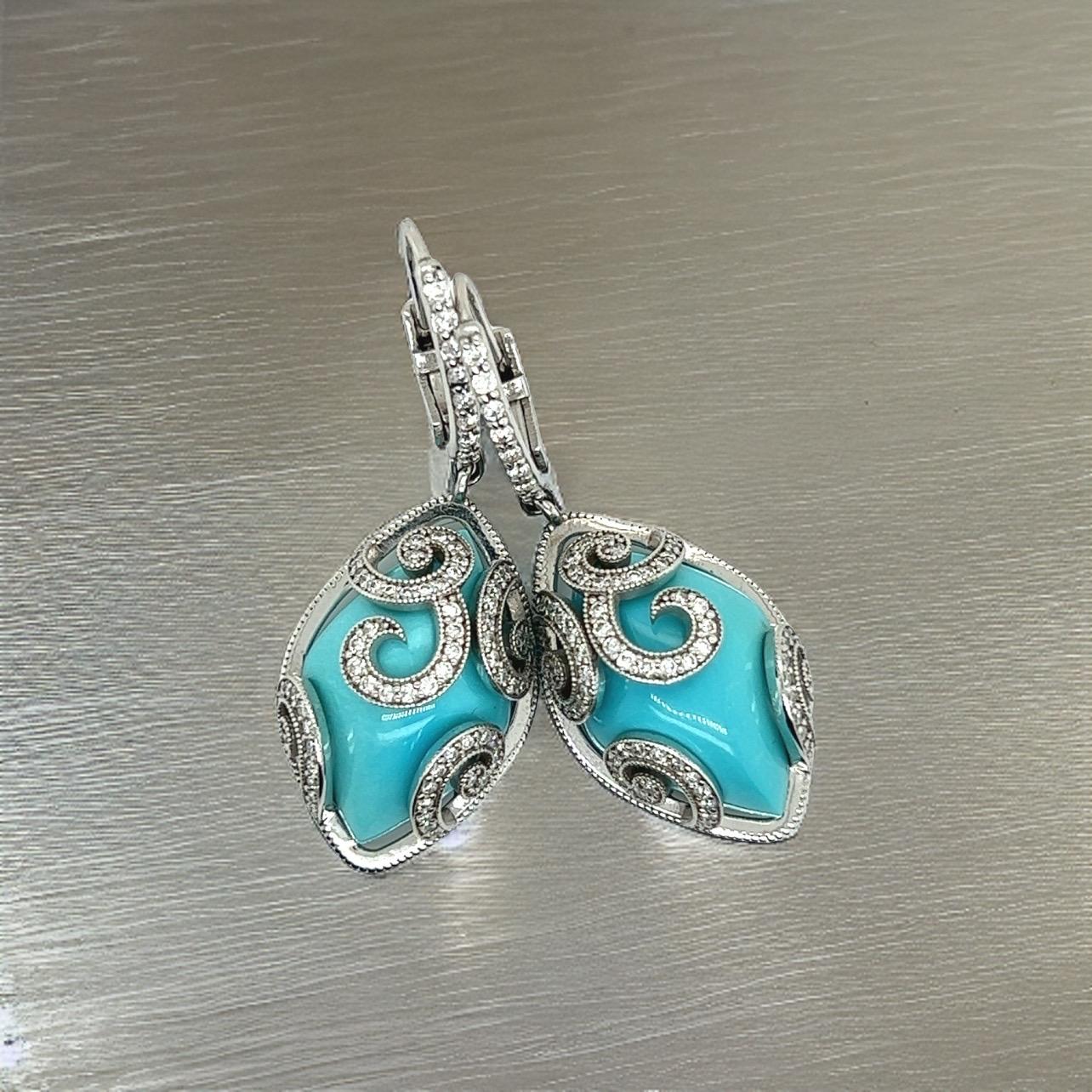 Persian Turquoise Diamond Pendant Earrings 14k WG 26.85 TCW Certified For Sale 4