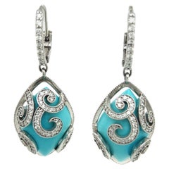 Persian Turquoise Diamond Pendant Earrings 14k WG 26.85 TCW Certified