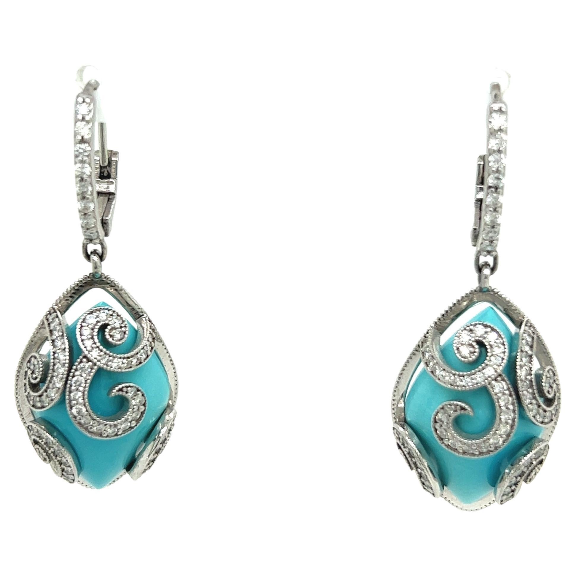 Persian Turquoise Diamond Pendant Earrings 14k WG 26.85 TCW Certified For Sale