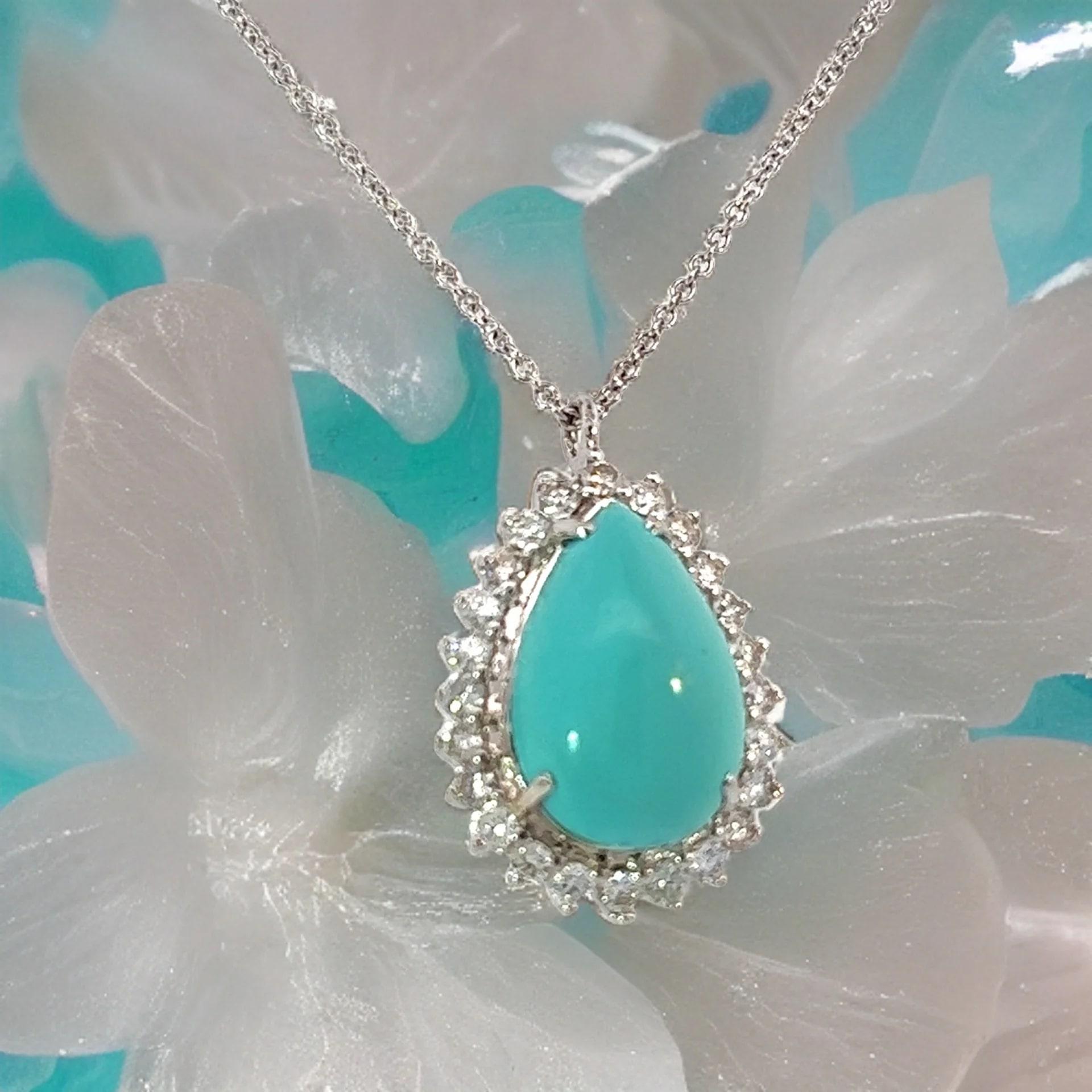 Persian Turquoise Diamond Pendant With Chain 17