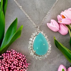 Persian Turquoise Diamond Pendant With Chain 17" 14k WG 9.9 TCW Certified