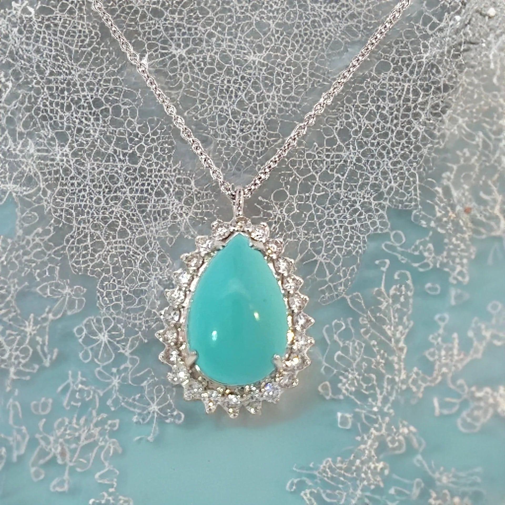 Pear Cut Persian Turquoise Diamond Pendant With Chain 17