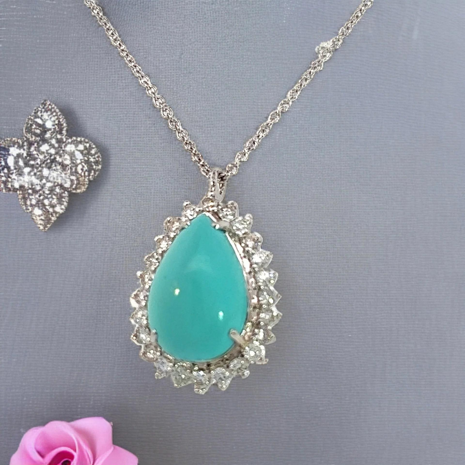 Persian Turquoise Diamond Pendant With Chain 17