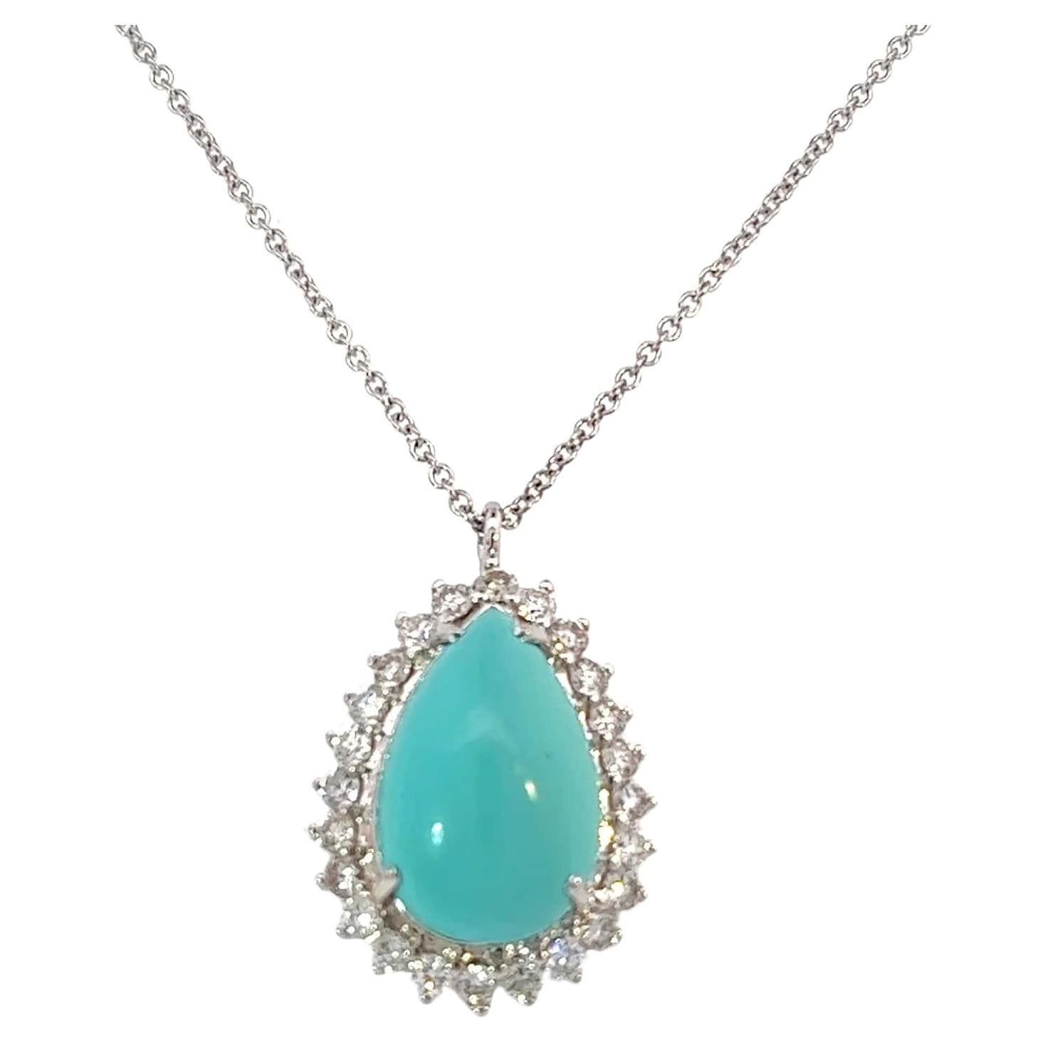 Persian Turquoise Diamond Pendant With Chain 17" 14k WG 9.9 TCW Certified  For Sale
