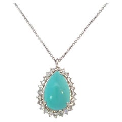 Persian Turquoise Diamond Pendant With Chain 17" 14k WG 9.9 TCW Certified 