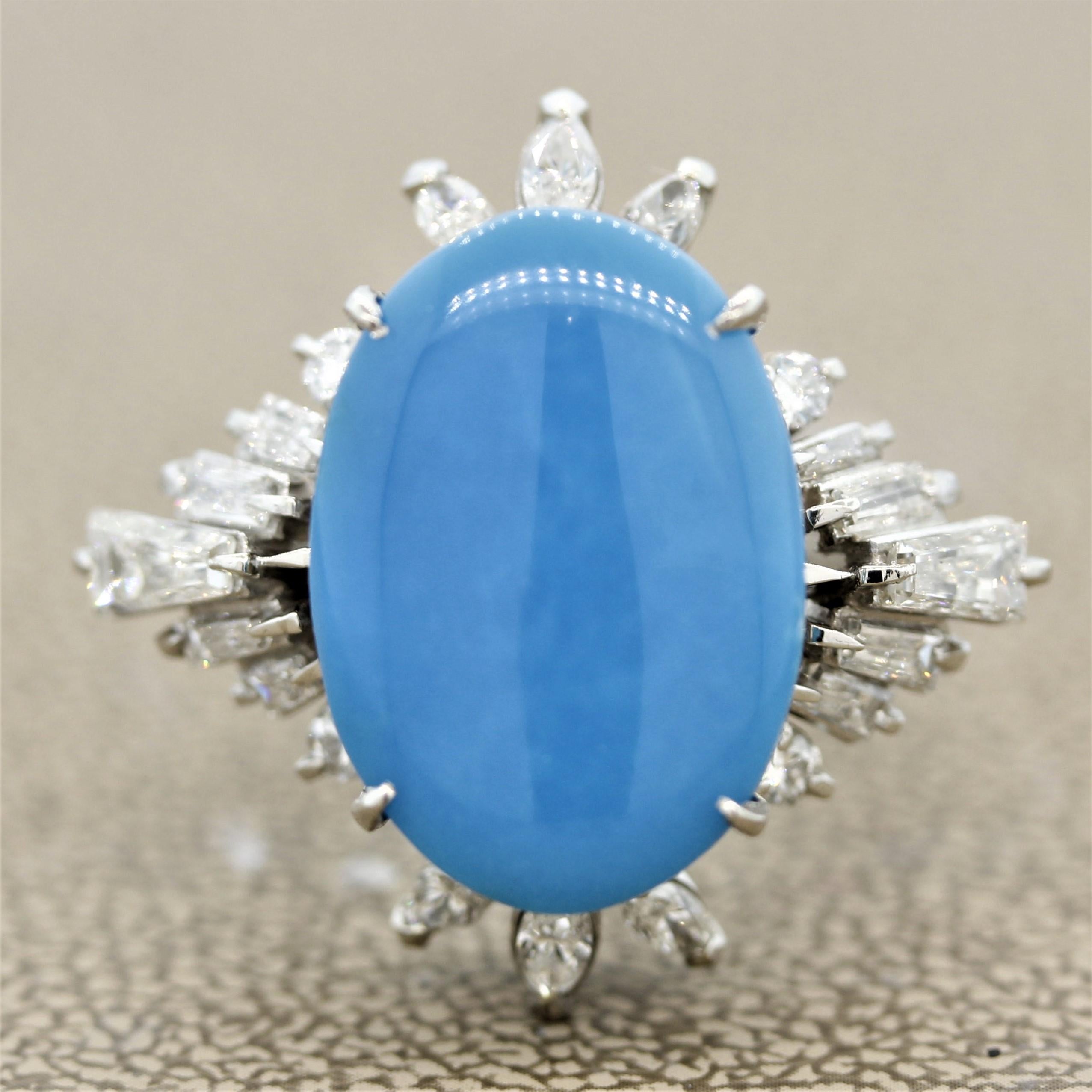 A large and impressive cocktail ring featuring a 8.36 carat turquoise. It has a rich beautiful sky-blue color which gives us the impression of its Persian origin. It is accented by 1.21 carats of round brilliant, marquise and tapered baguette cut