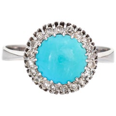 Persian Turquoise Diamond Ring Vintage 14 Karat Gold Round Halo Fine Jewelry