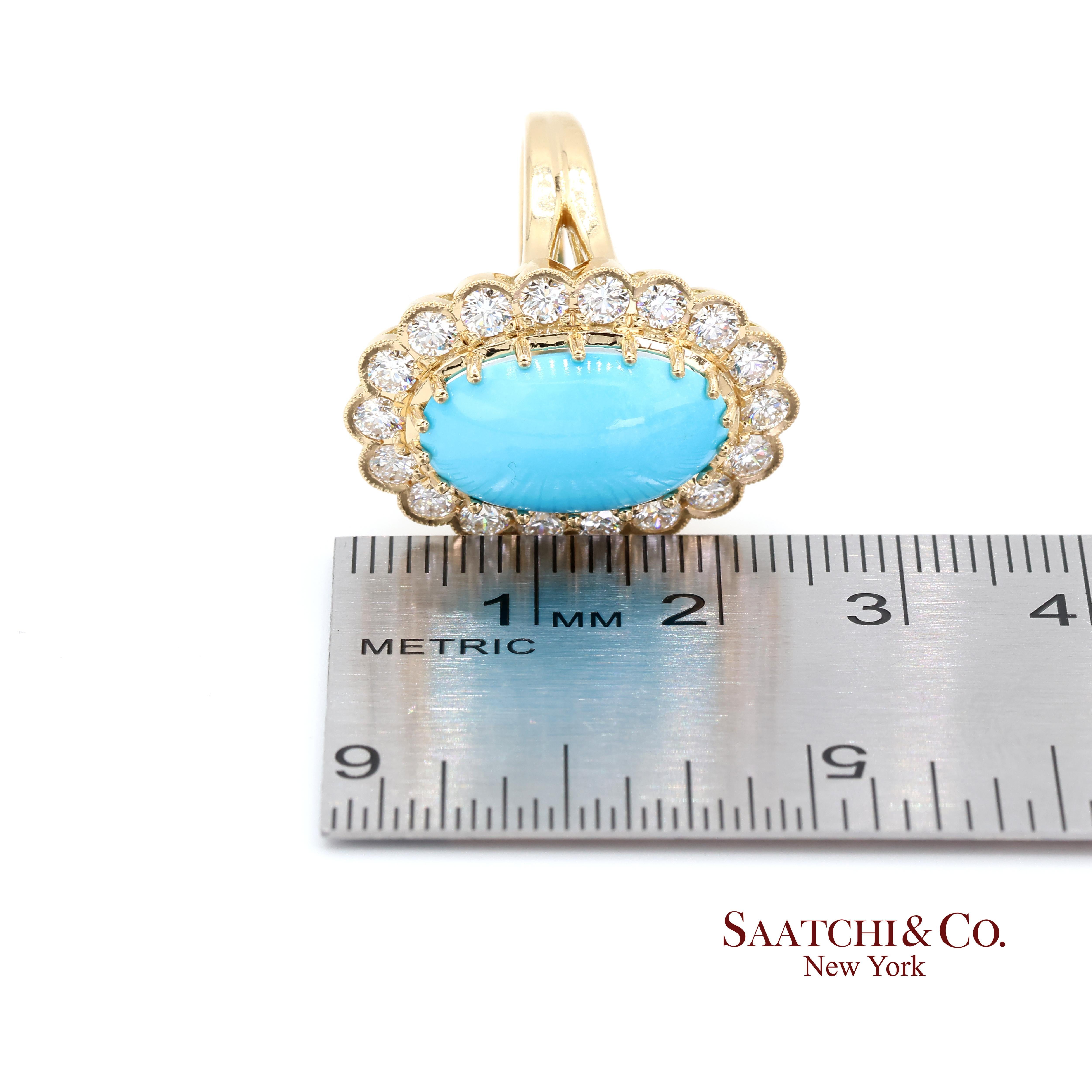 Bague Femme Turquoise Persane Diamant Taille 7 Or Jaune 18K Glam Luxe en vente 4