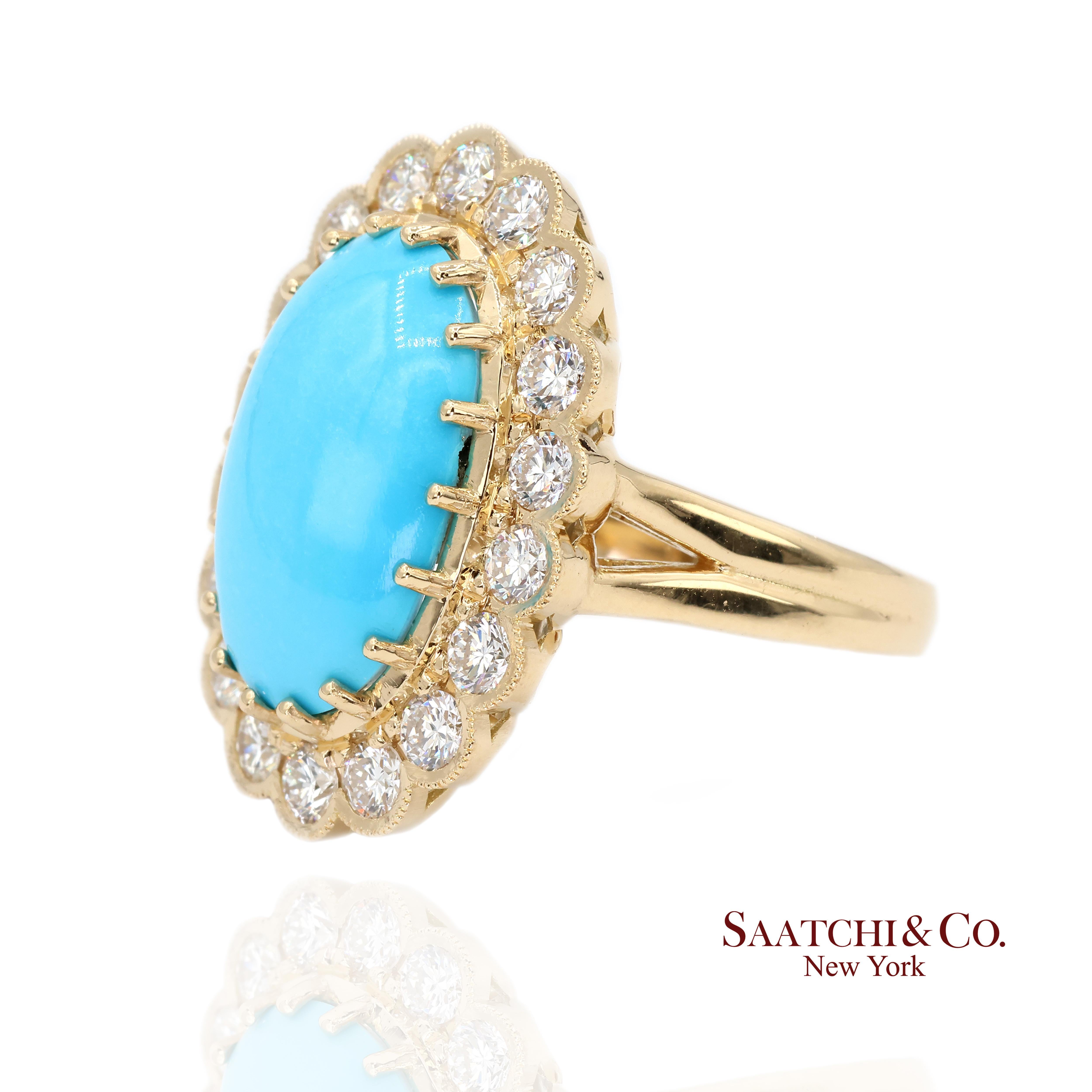 Contemporain Bague Femme Turquoise Persane Diamant Taille 7 Or Jaune 18K Glam Luxe en vente