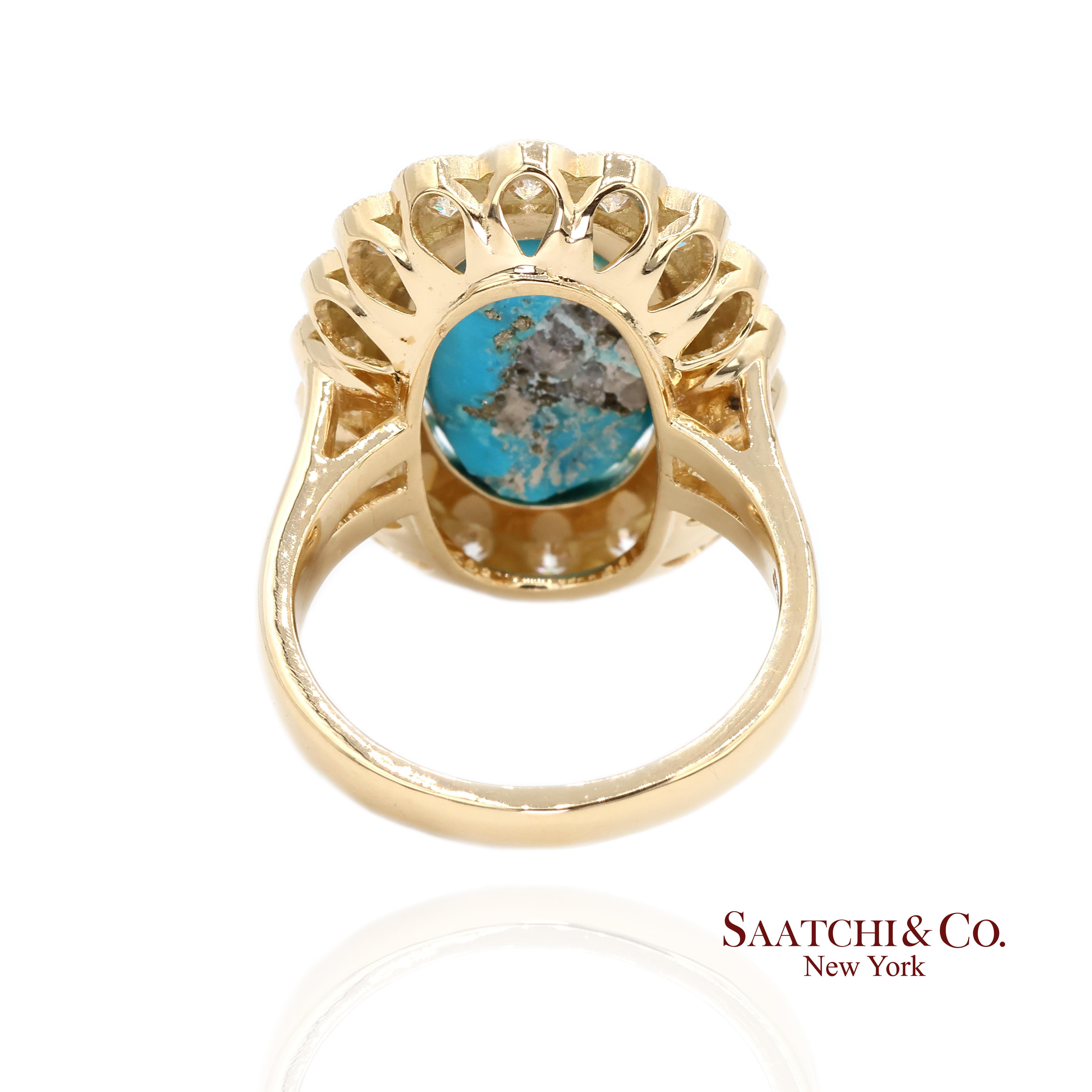 Taille cabochon Bague Femme Turquoise Persane Diamant Taille 7 Or Jaune 18K Glam Luxe en vente
