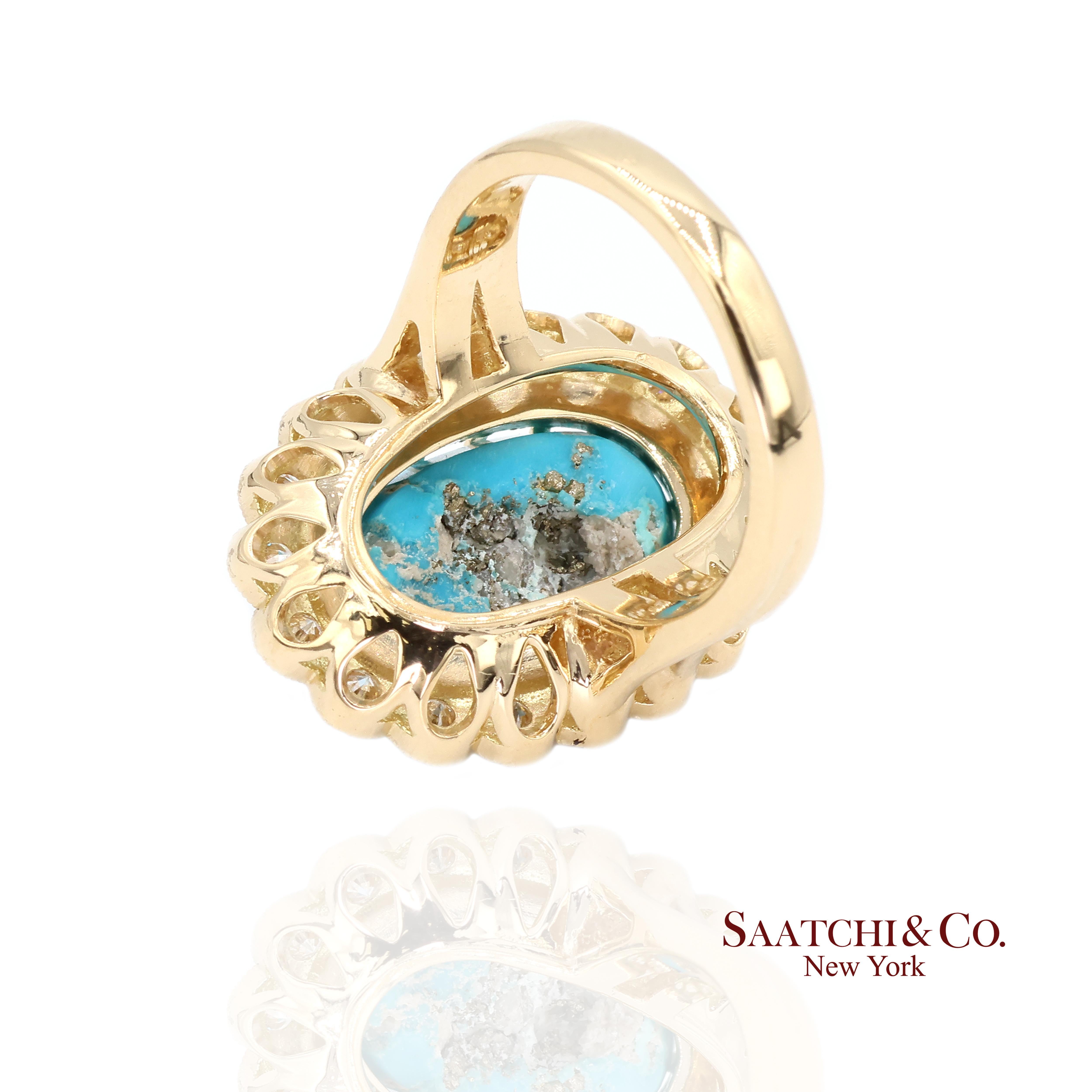 Bague Femme Turquoise Persane Diamant Taille 7 Or Jaune 18K Glam Luxe Neuf - En vente à New York, NY
