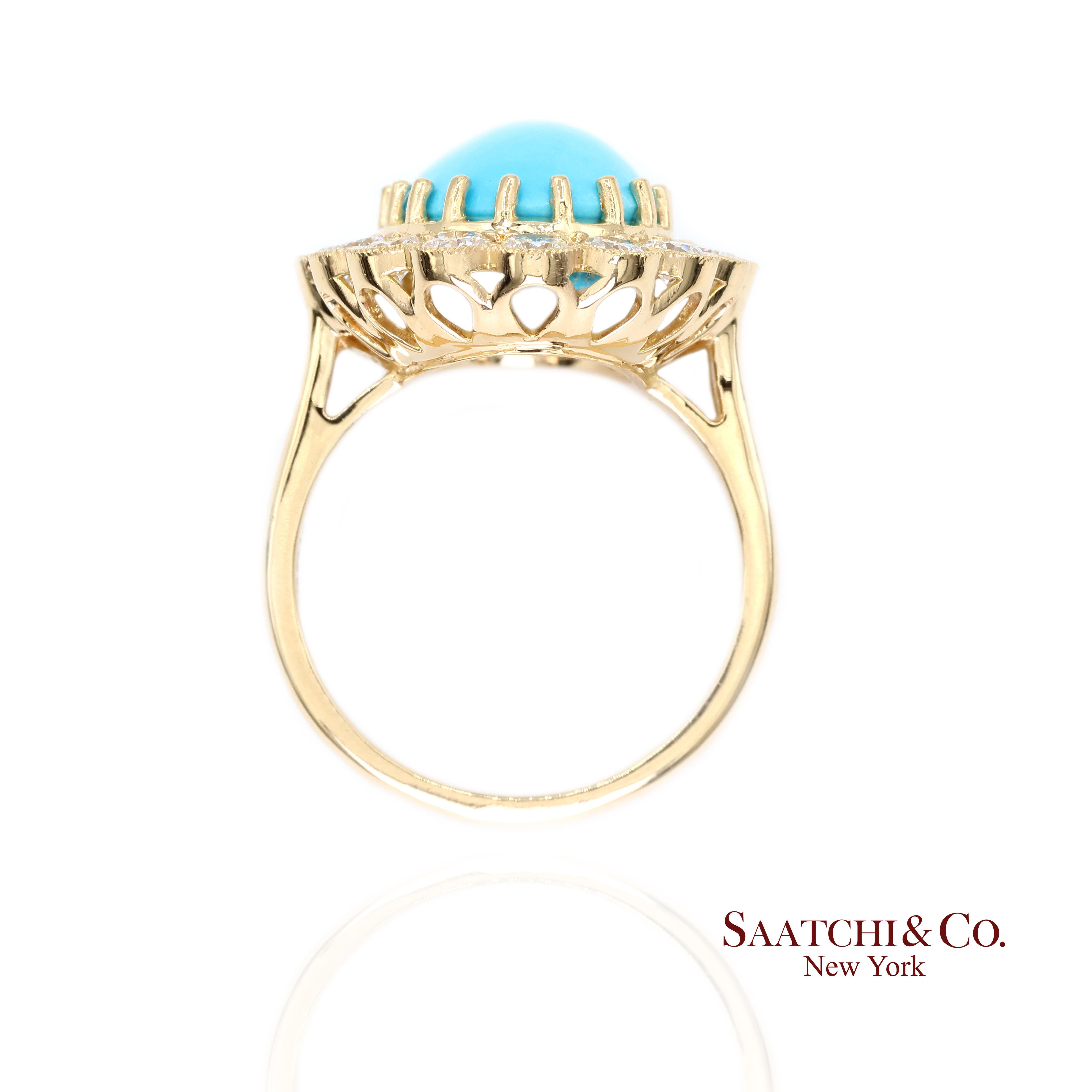 Bague Femme Turquoise Persane Diamant Taille 7 Or Jaune 18K Glam Luxe Unisexe en vente