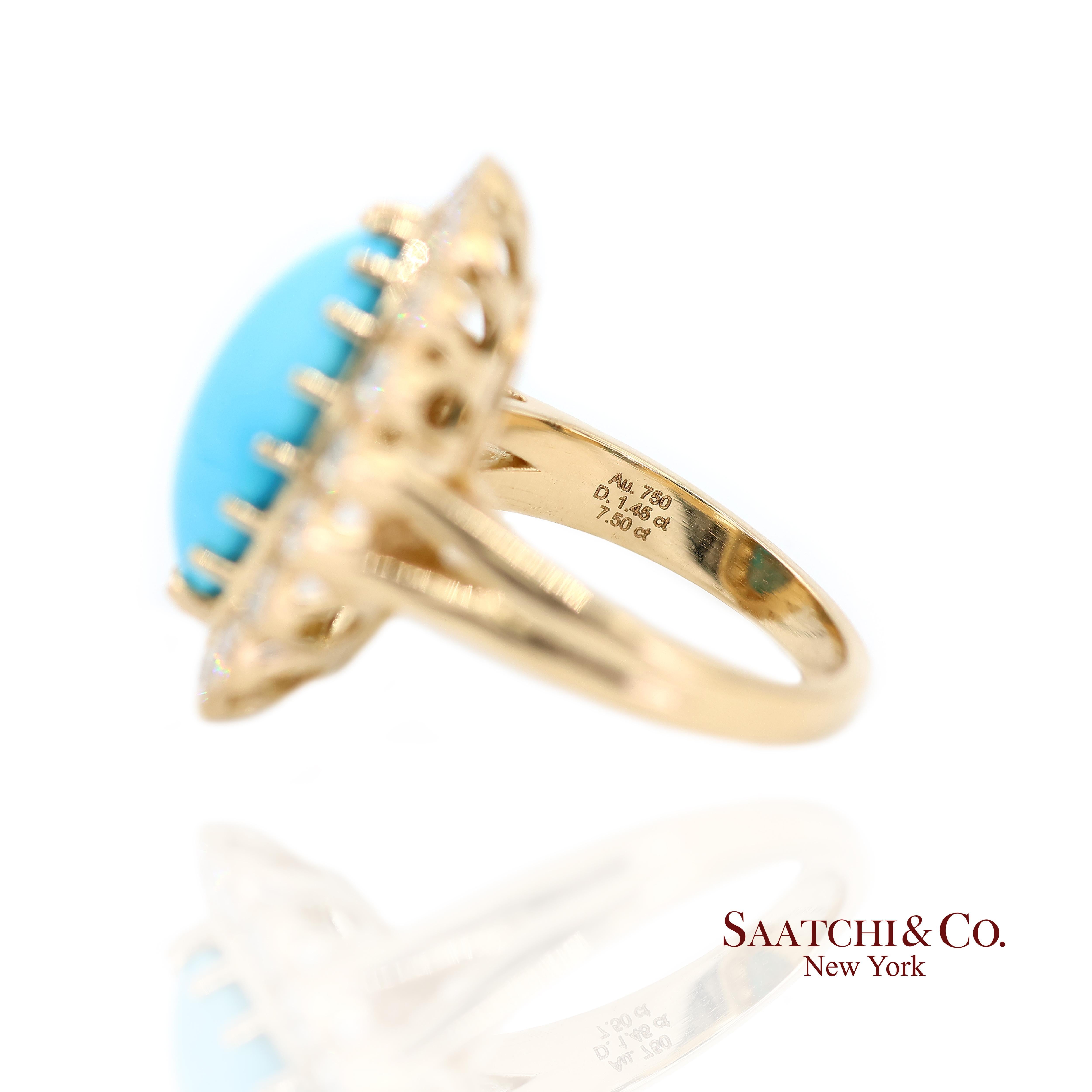 Bague Femme Turquoise Persane Diamant Taille 7 Or Jaune 18K Glam Luxe en vente 1