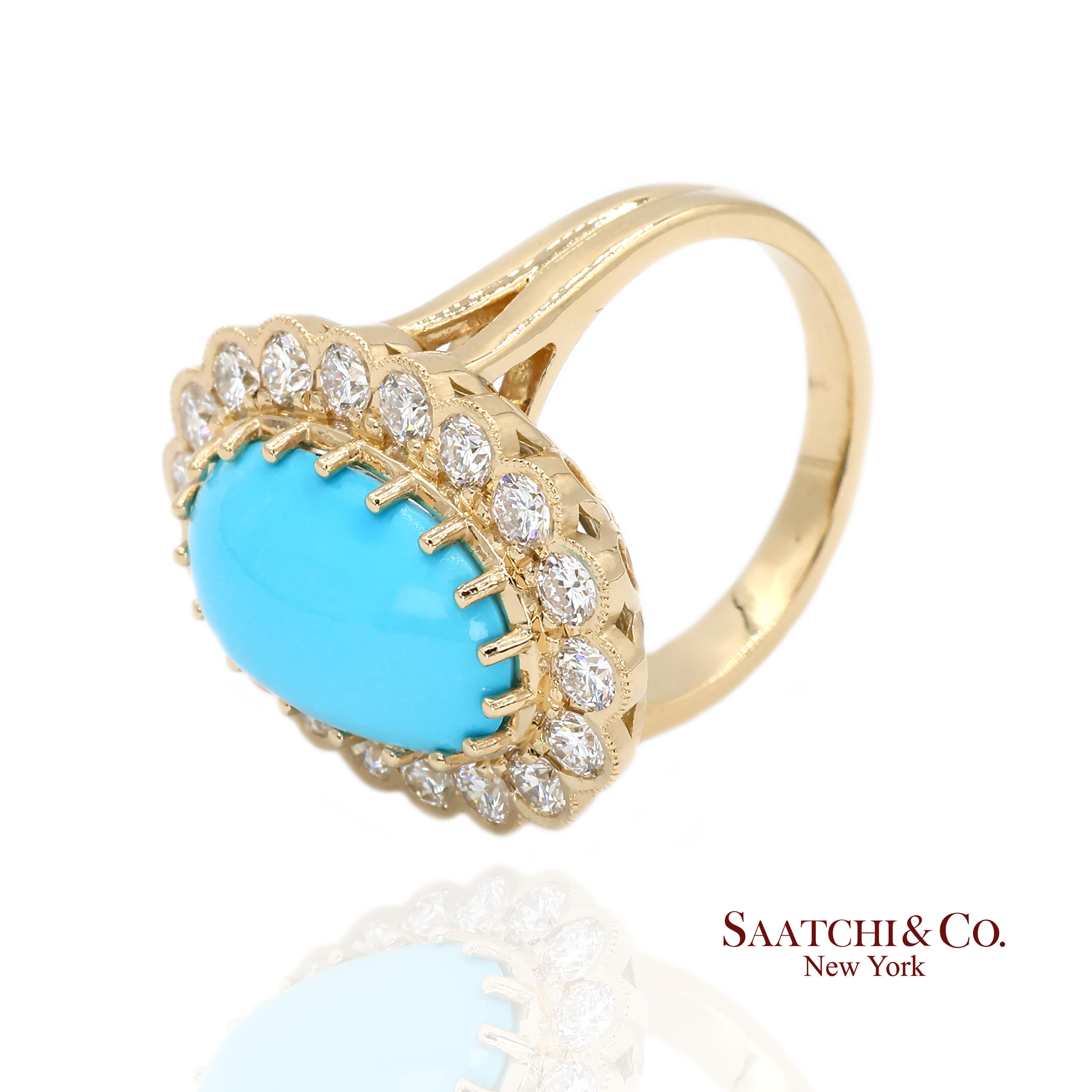 Bague Femme Turquoise Persane Diamant Taille 7 Or Jaune 18K Glam Luxe en vente 2