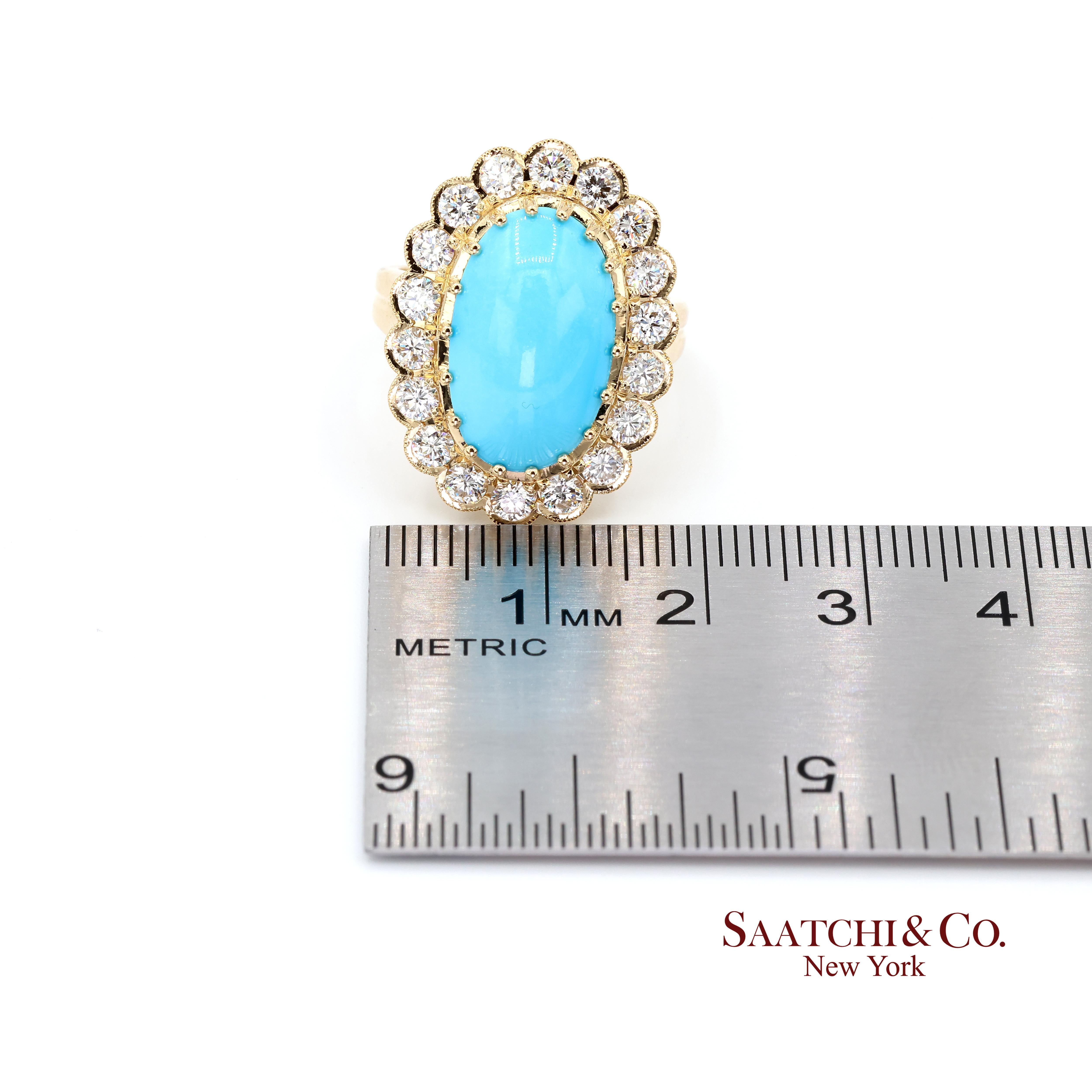 Bague Femme Turquoise Persane Diamant Taille 7 Or Jaune 18K Glam Luxe en vente 3
