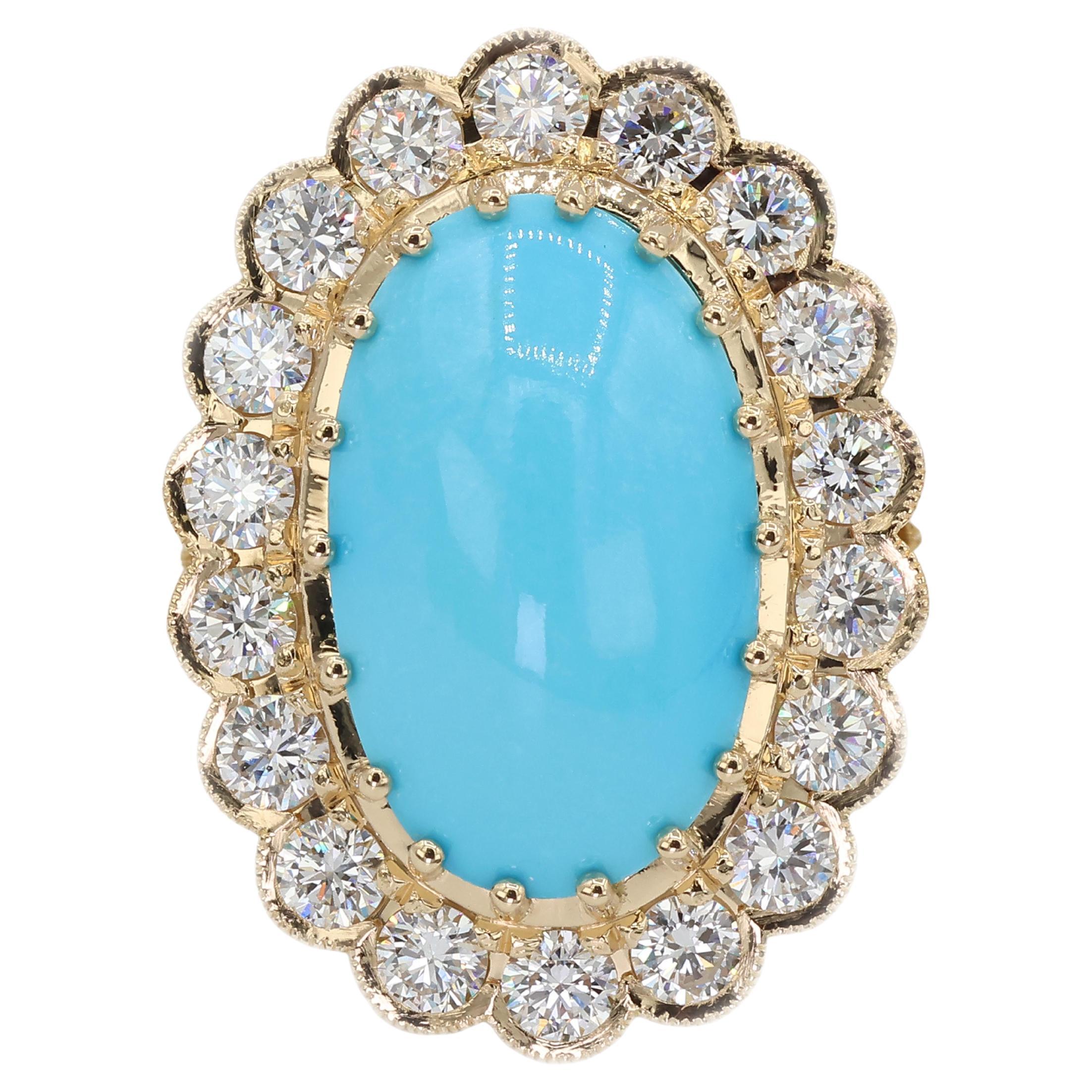 Bague Femme Turquoise Persane Diamant Taille 7 Or Jaune 18K Glam Luxe