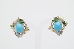 Persian Turquoise Diamond Tsavorite Tanzanite Gold & Platinum Earrings